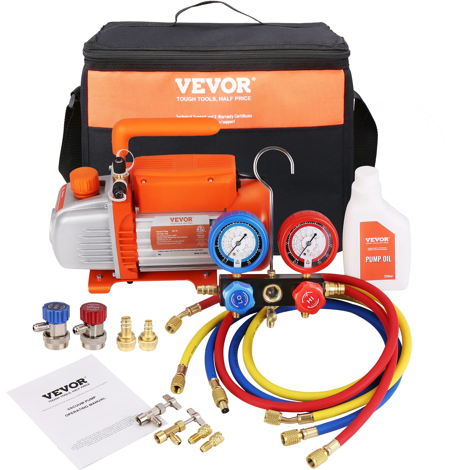 VEVOR 3.5 CFM AC Vacuum Pump & Gauge Set for A2L & A1 Refrigerants (R1234yf R134a) - 1-Stage Rotary Vane Vacuum Pump with Manifold Gauge Kit, Quick Coupler & Bottle Opener - Perfect for HVAC Repair, Auto AC Service & Refrigerant Recovery