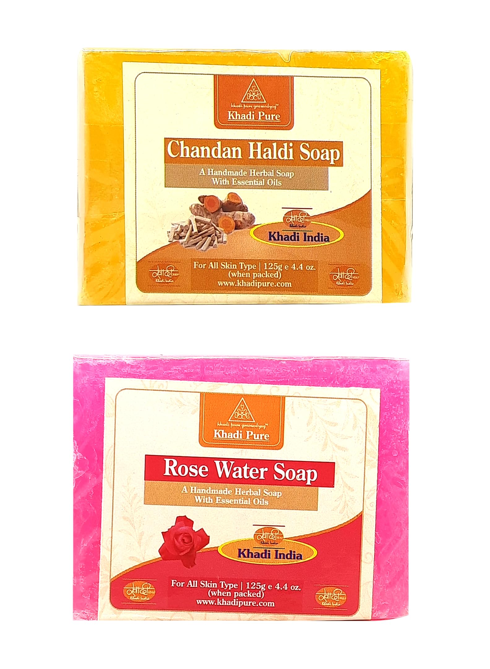 Khadi Pure Herbal Chandan Haldi & Rose Water Soap (125g) - Pack of 2 (250g) | Natural Ayurvedic Skincare for Glowing Skin | Perfect for Daily Face & Body Cleansing, Sensitive Skin Care & Aromatherapy