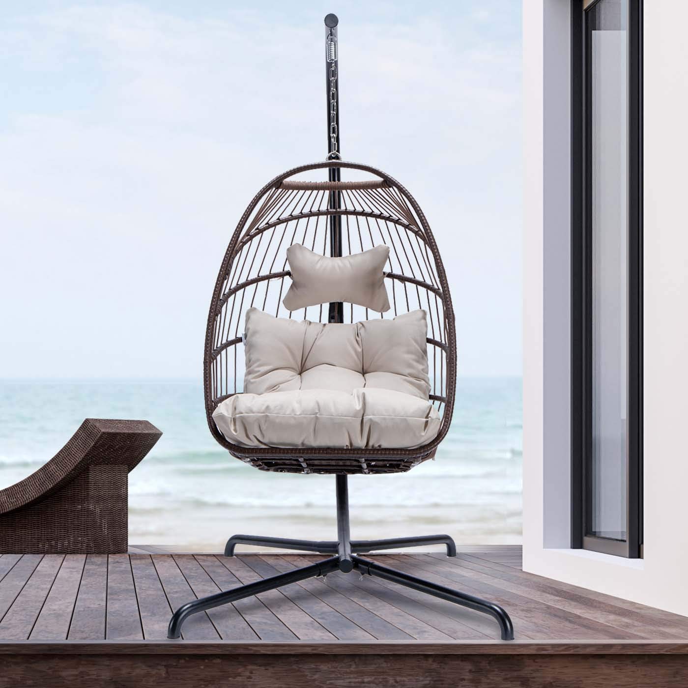 Outdoor Hanging Egg Chair Swing with UV-Resistant Cushions & Aluminum Frame - 350lb Capacity Patio Hammock for Backyard, Balcony, Garden - Perfect for Relaxing & Reading (Brown with Protective Cover)