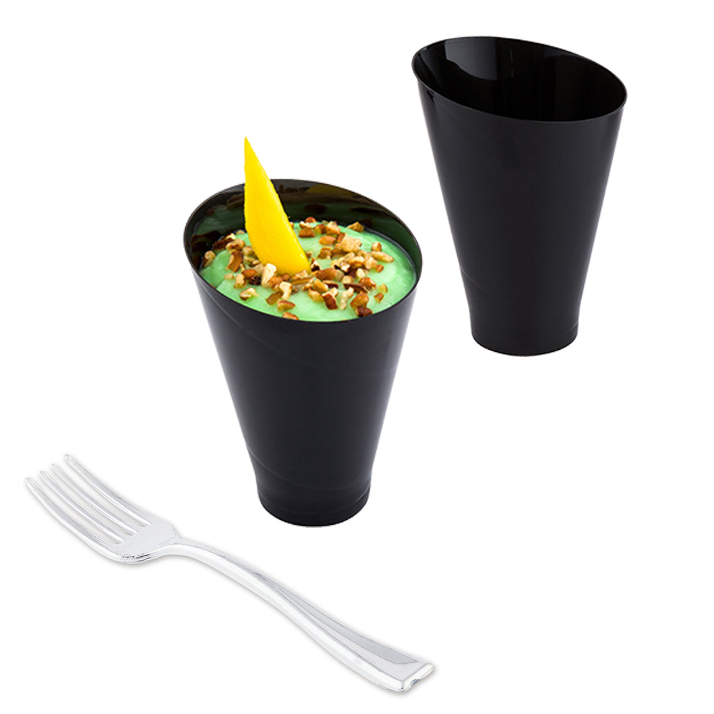 100 Pack 7 oz Round Black Plastic Incline Glasses & 100 Silver Plastic Mini Forks Set - Perfect for Cocktail Parties, Weddings, and Catering Events