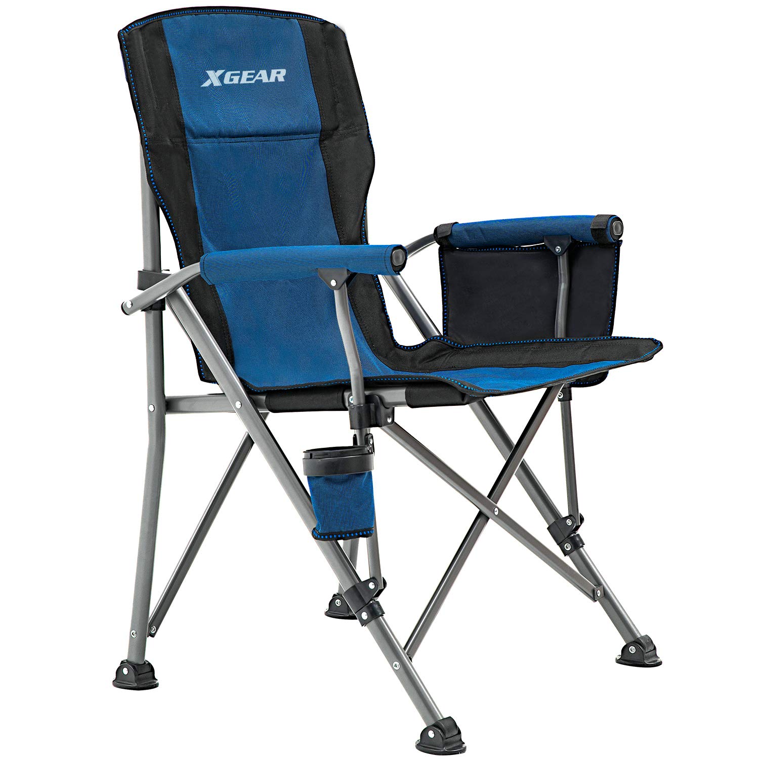 XGEAR Heavy Duty Folding Camping Chair for Adults - 300 lbs Capacity, Padded Armrests, Cup Holder & Storage Pockets - Portable Outdoor Chair for Camping, Beach, Backyard, Picnics & Sporting Events (Blue)
