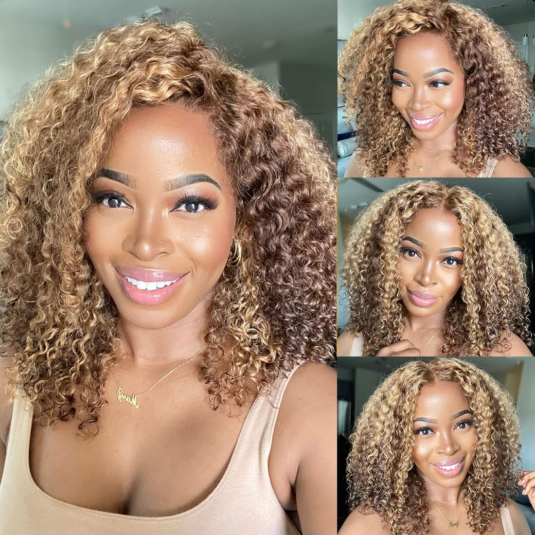 Nadula 13x4 Honey Blonde Curly Human Hair Lace Front Wig | Brazilian Remy Hair Ombre Highlight | Glueless Pre-Plucked with Baby Hair | 150% Density 24inch (Color #412) | Perfect for Daily Wear, Parties & Cosplay