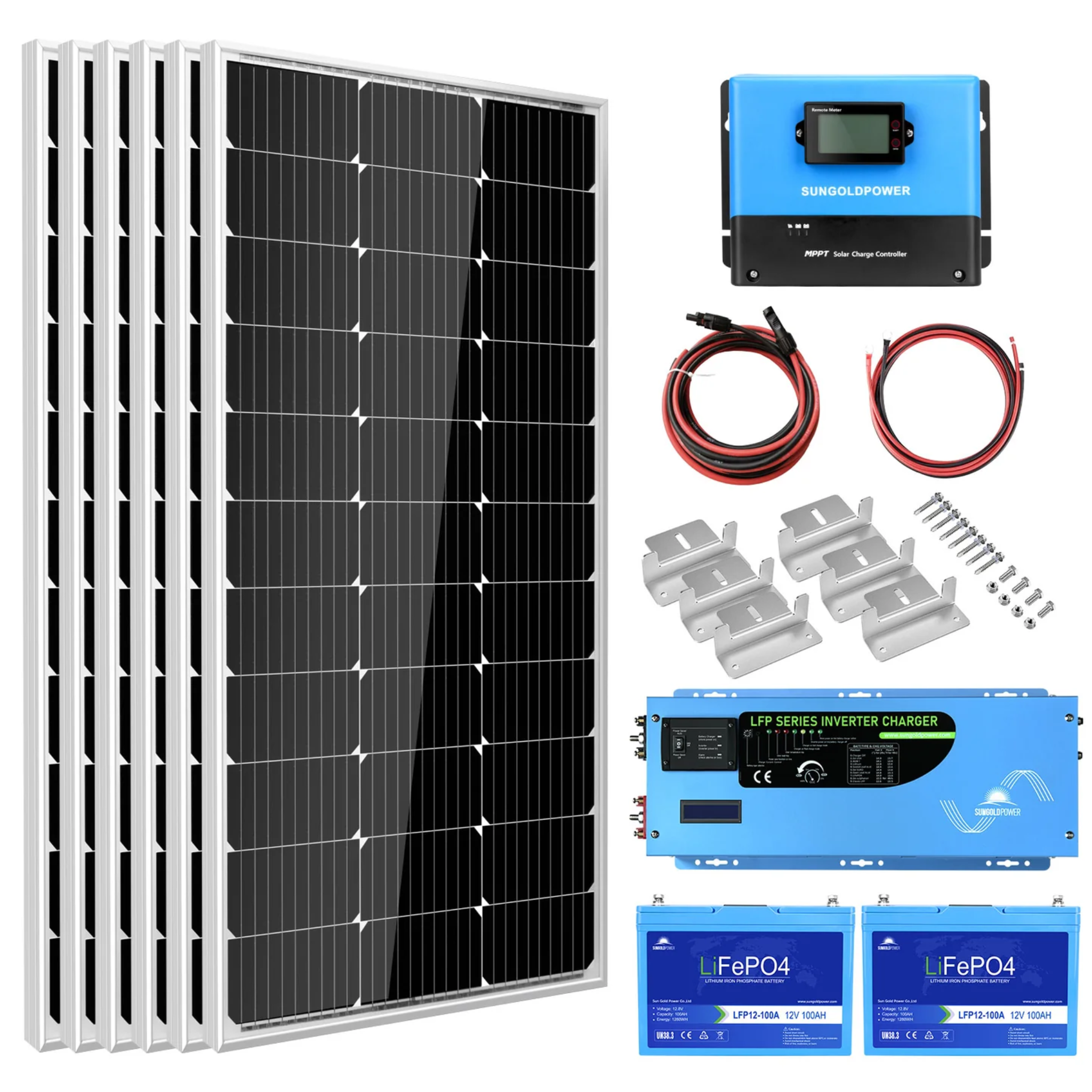 SunGoldPower Off Grid Solar Kit 3000W Inverter with LiFePO4 Battery - 600W Solar Panel, 12V DC to 120V AC Output for Home Backup Power (Ideal for RV, Cabin, Emergency Power Outages)
