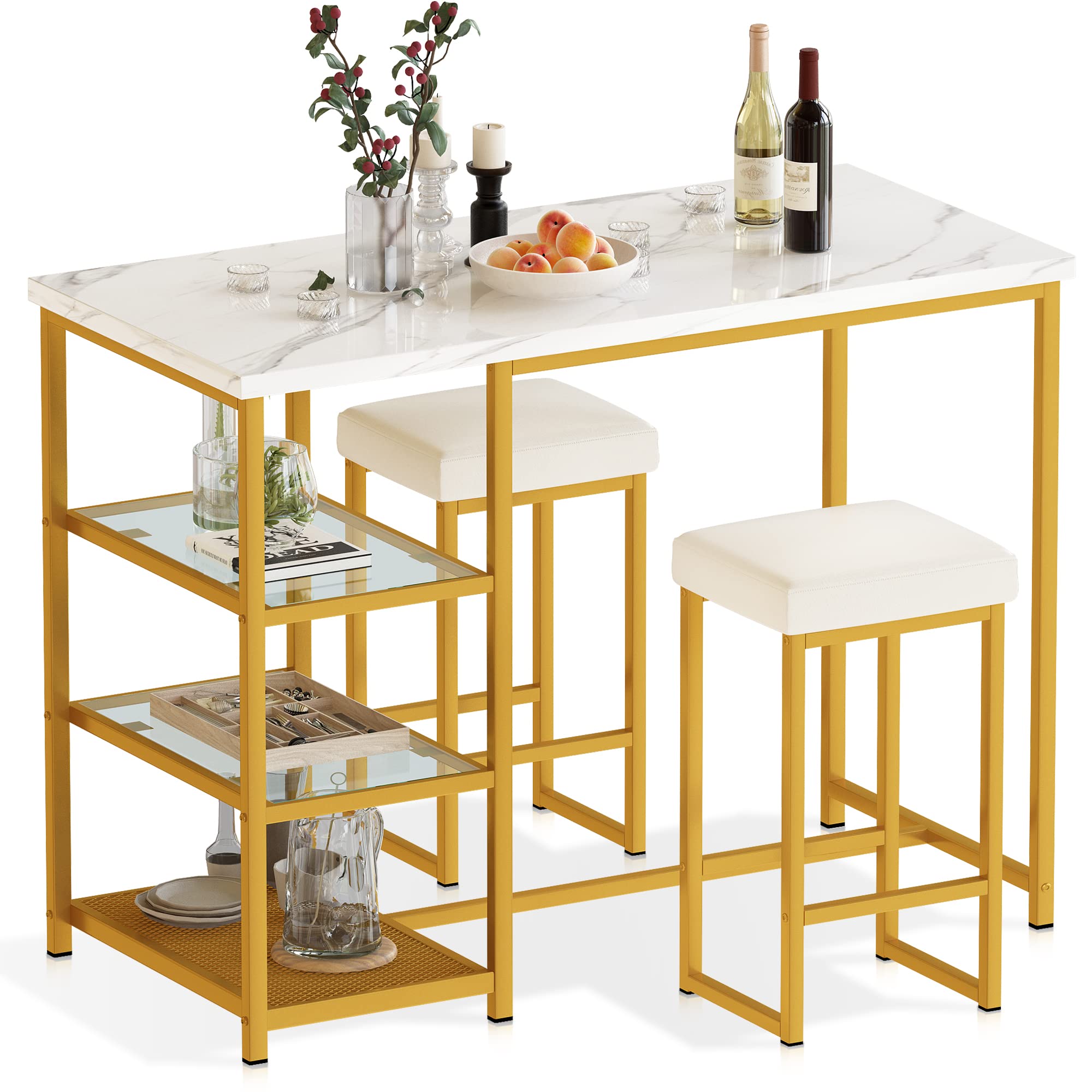 Modern 2-Person Kitchen Island Dining Set with Storage - Faux Marble Table & 2 Stools, Gold & White - Perfect for Small Spaces, Apartments, Kitchens & Dining Rooms