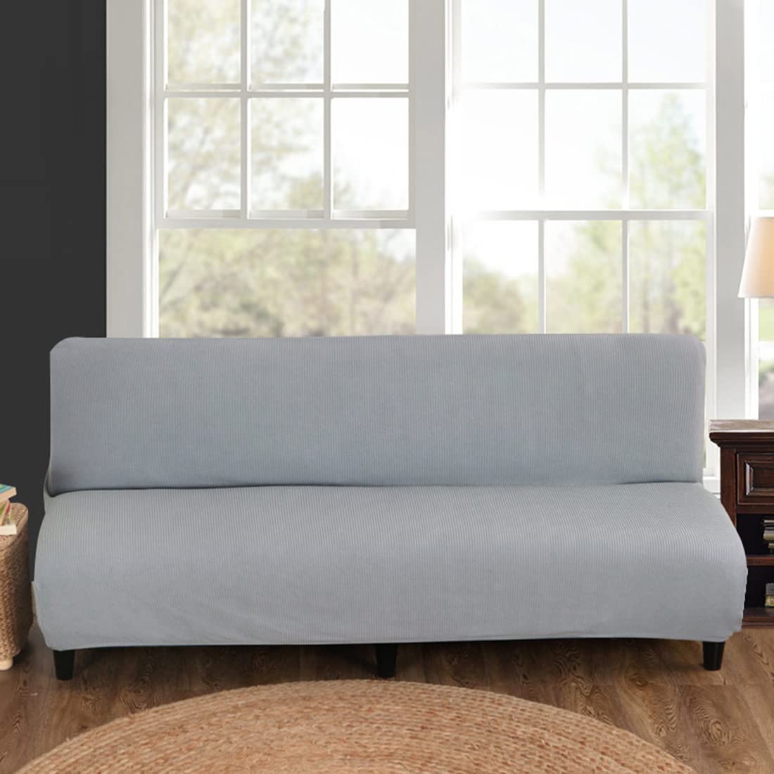 YOPOIY Stretch Folding Sofa Bed Cover - Solid Color Jacquard Knitted Armless Futon Slipcover - Universal Sofa Protector with Pillowcase (Grey) - Perfect for Living Rooms, Guest Rooms & Small Spaces