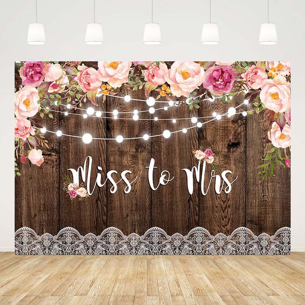 10x7ft Miss to Mrs Backdrop - Brown Wood Photography Background with Pink Floral Design for Bridal Shower, Engagement Party & Wedding Decorations | Perfect for Bride-to-Be Photos, Wedding Banners & Party Props