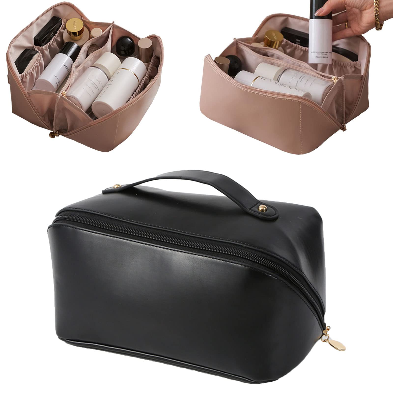 Ankikina Large Capacity Leather Makeup Travel Bag - Waterproof Cosmetic Organizer with Handle for Skincare, Toiletries & Cosmetics | Perfect for Vacation, Gym & Daily Use (Black)