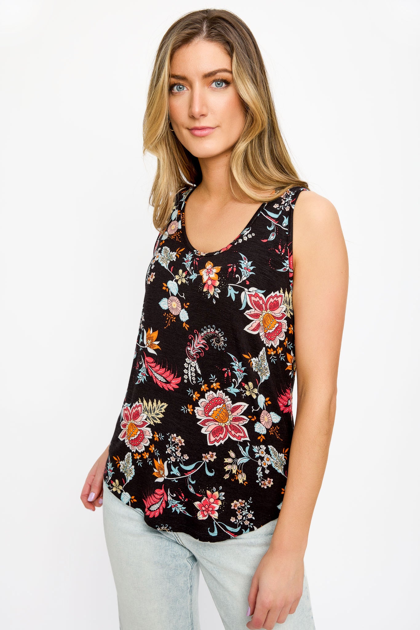 Floral Print Scoop Neck Sleeveless Tank Top with Shirttail Hem - Women's Summer Blouse for Casual Wear, Beach Outfits & Date Nights
