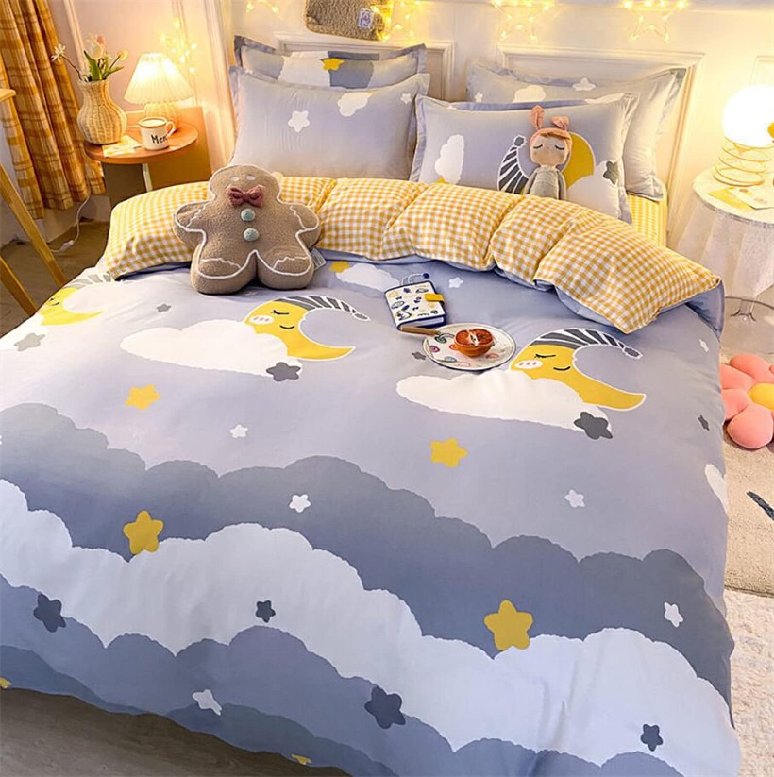 Cartoon Clouds Stars Moon Bedding Set - Queen Size Microfiber Duvet Cover with Pillowcases, 3-Piece Kids Bedroom Decor for Boys & Girls | Soft, Breathable & Easy Care | Perfect for Nursery, Children's Room & Sleepovers