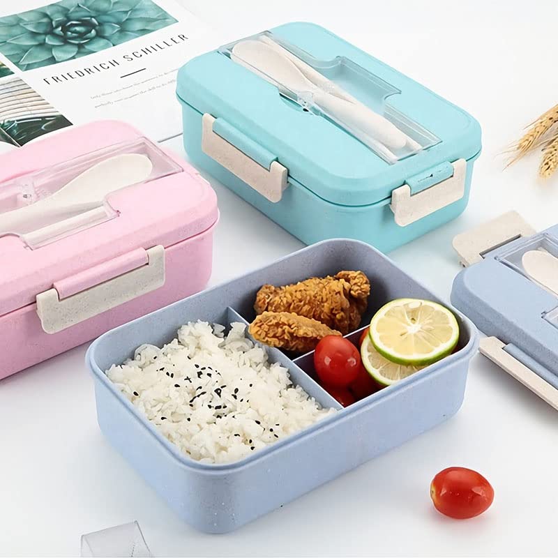 Eco-Friendly 3-Compartment Wheat Straw Bento Box for Adults & Kids - Leakproof Microwave Safe Lunch Container with Soup Spoon & Chopsticks - Perfect for Office, School, Picnics & Meal Prep (Pink)