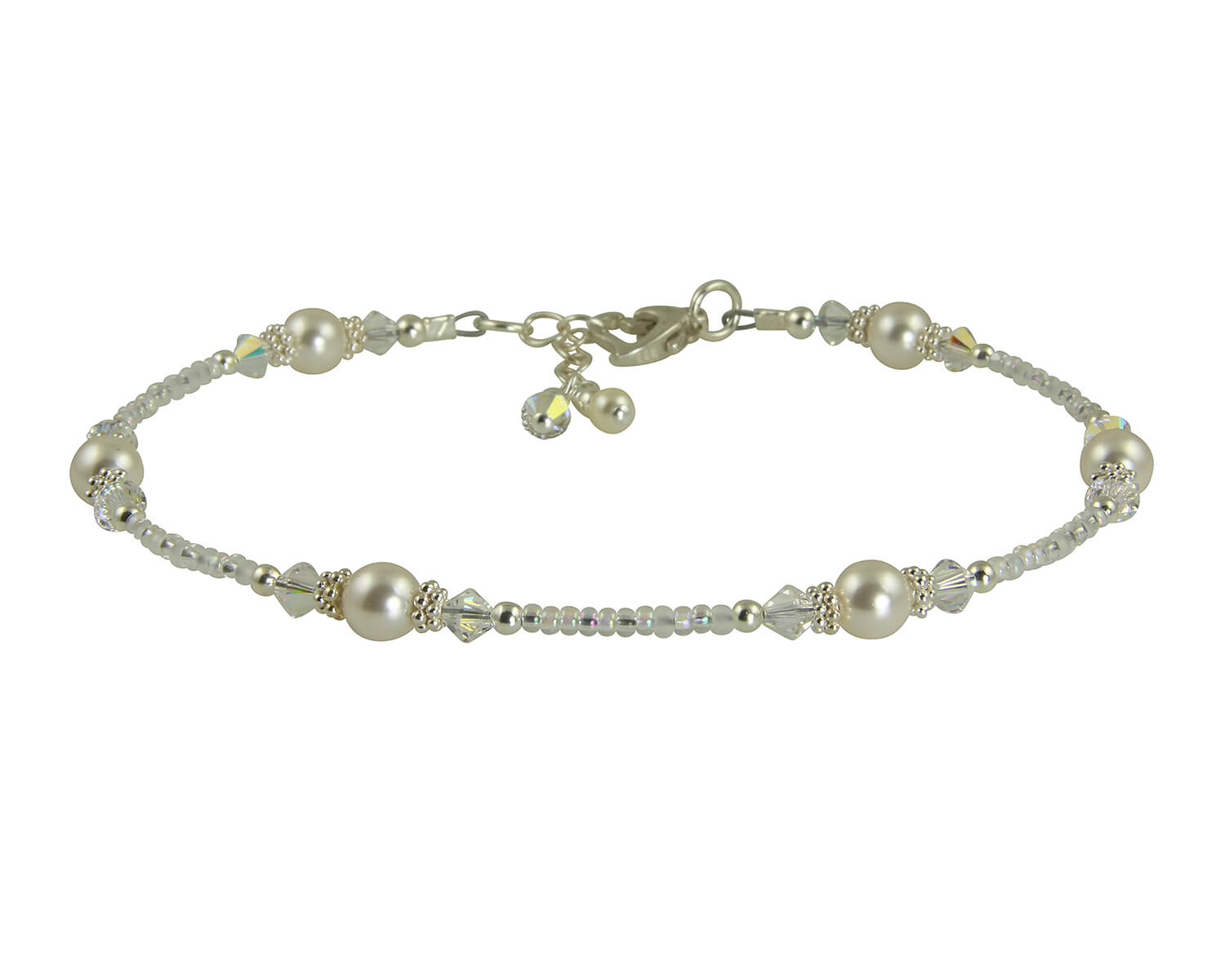 Heart Crystal Pearl Silver Beaded Anklet - Elegant Ankle Bracelet for Women, Dainty Beaded Jewelry for Beach Wedding, Party & Everyday Wear