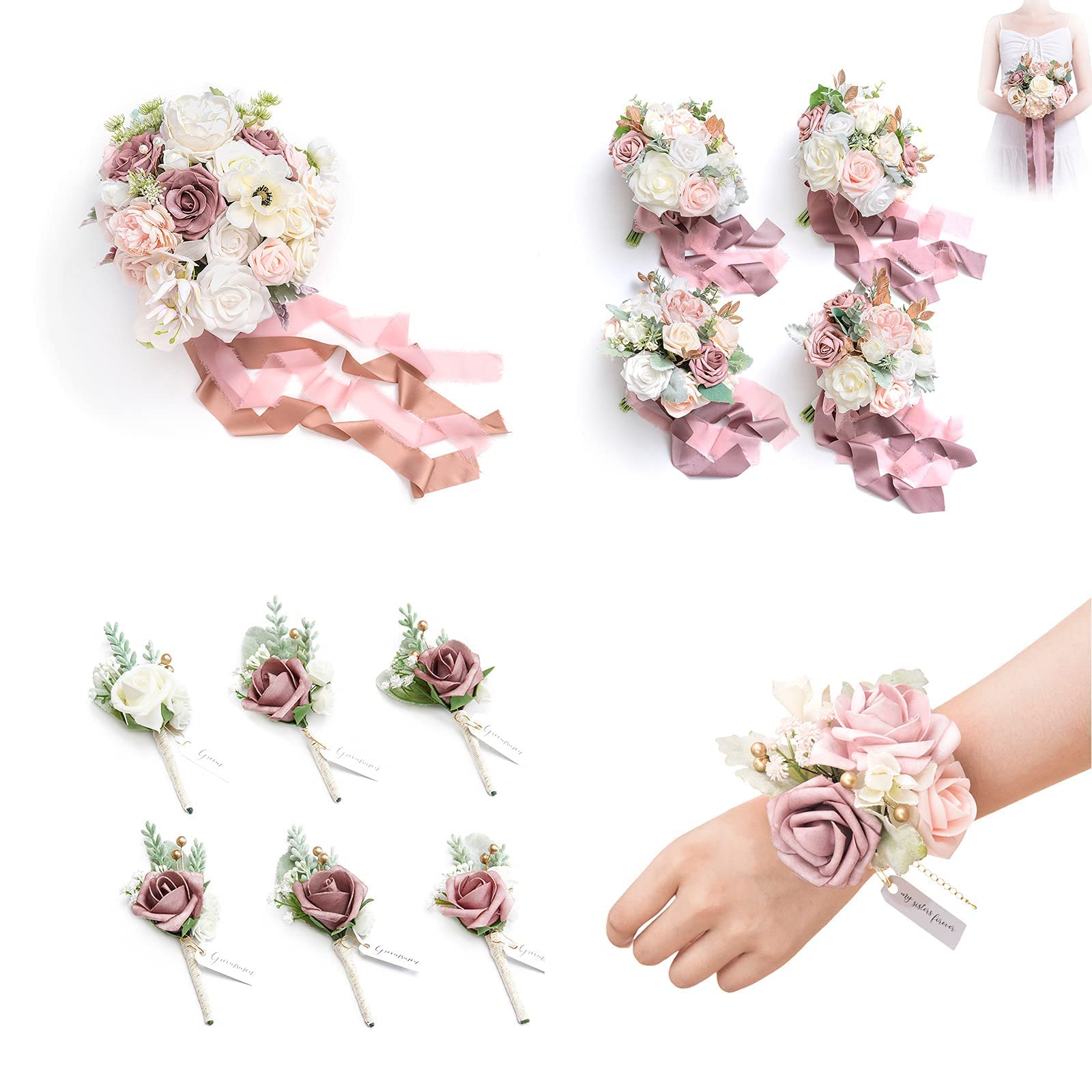 Ling's Moment Dusty Rose Wedding Package - Bridal Bouquet (11 inch), Bridesmaid Bouquets (Set of 4), Groom & Groomsmen Boutonnieres (Set of 6), Wrist Corsages (Set of 6) - Perfect for Weddings, Bridal Showers & Romantic Events