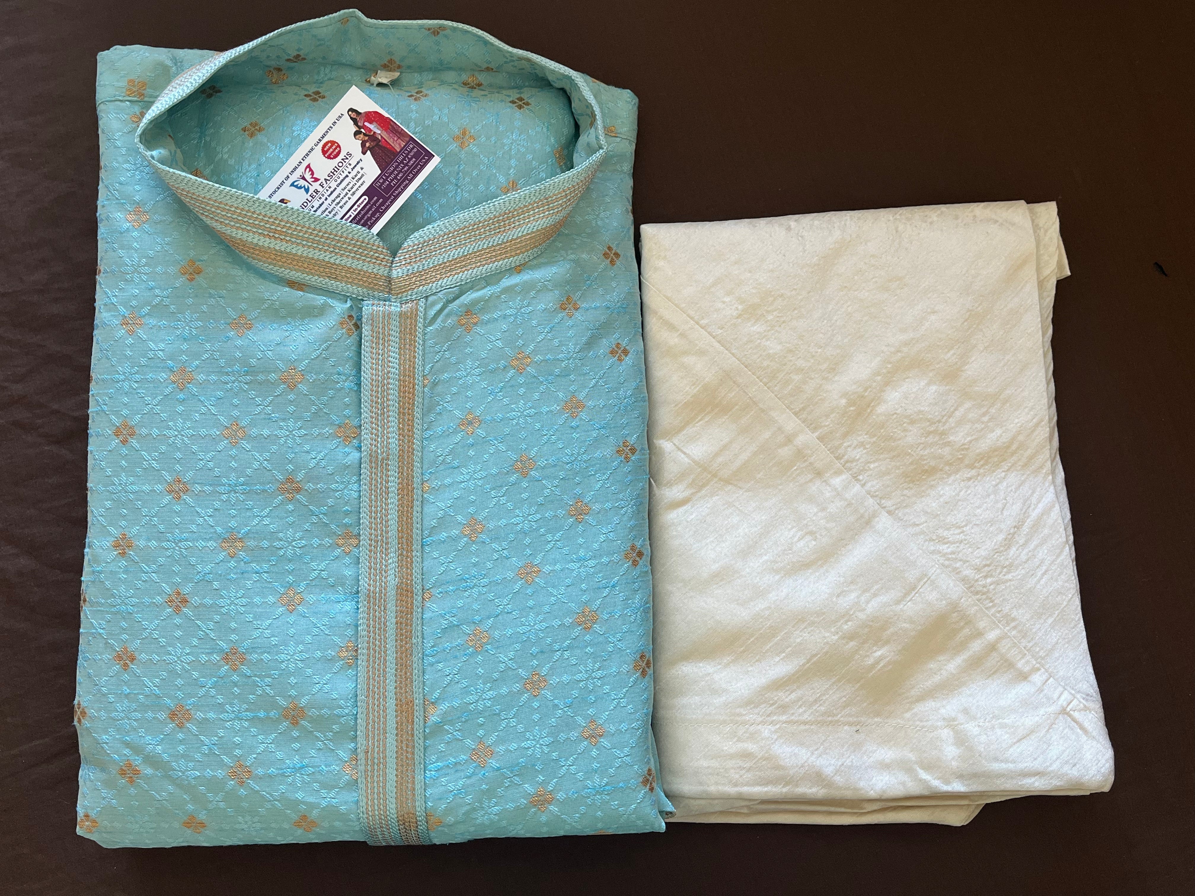 Elegant Sky Blue Art Silk Kurta for Men with Gold Thread Embroidery - Perfect for Festivals, Weddings & Special Occasions