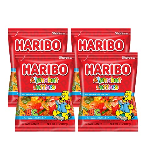 Haribo Gummy Candy Variety Pack (Pack of 4) - 20 Assorted Flavors - 4oz to 5oz Resealable Bags - Alphabet Letters Shape - Perfect for Parties, Snacks & Lunch Box Treats