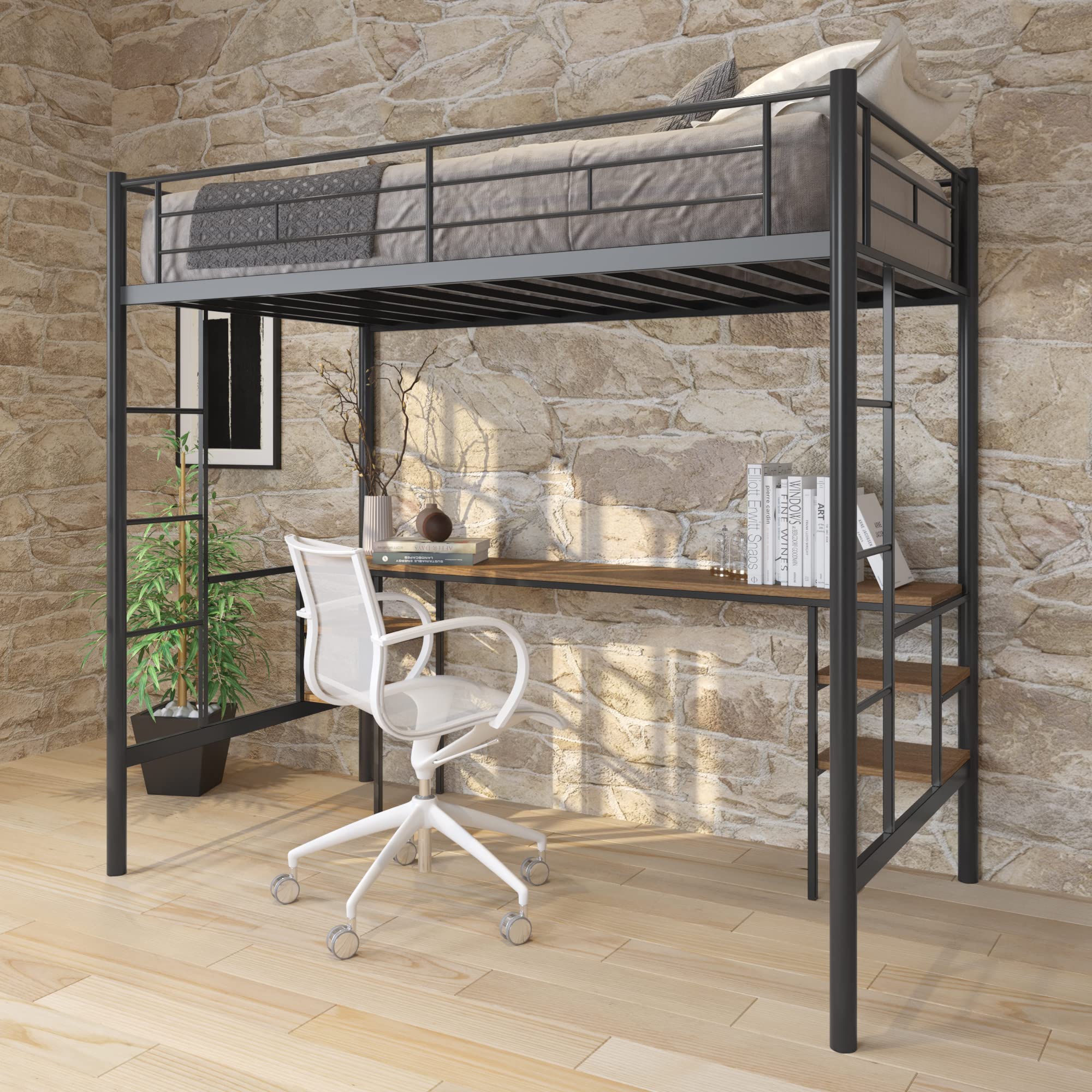 Space-Saving Black Metal Loft Bed with Built-in Desk & Storage Shelves - Twin Size Study Loft Bed with Bilateral Ladders & Safety Guard Rails for Kids, Teens & Small Rooms - Perfect for Dorm, Apartment & Bedroom Organization