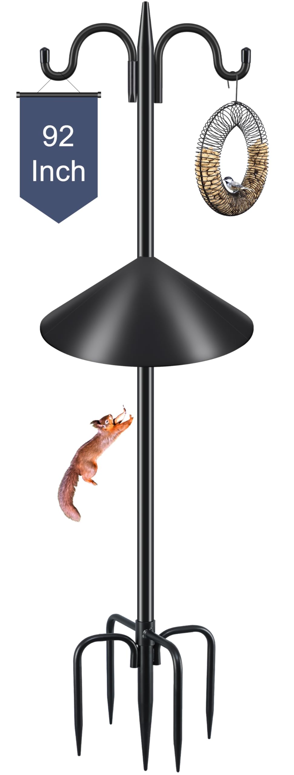 92 Inch Heavy Duty Squirrel Proof Bird Feeder Pole - Adjustable Double Shepherds Hook with Squirrel Baffles & 5-Prong Base for Hanging Plants, Bird Houses - Perfect for Backyard, Garden & Outdoor Decor (Black)