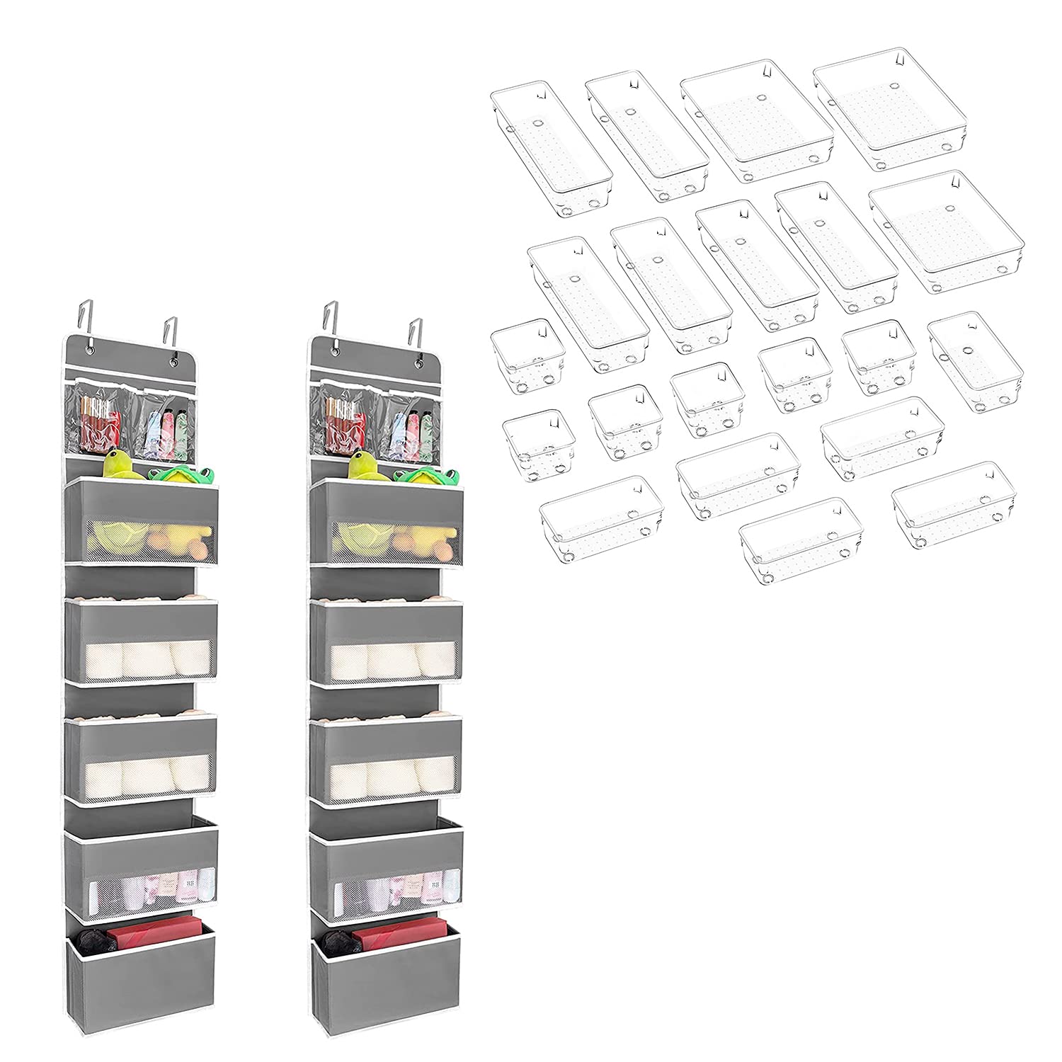 JARLINK 2-Pack 6-Tier Over The Door Hanging Organizer with 21-Piece Desk Drawer Organizer Set - Space Saving Storage for Bathroom, Bedroom, Makeup & Office Organization