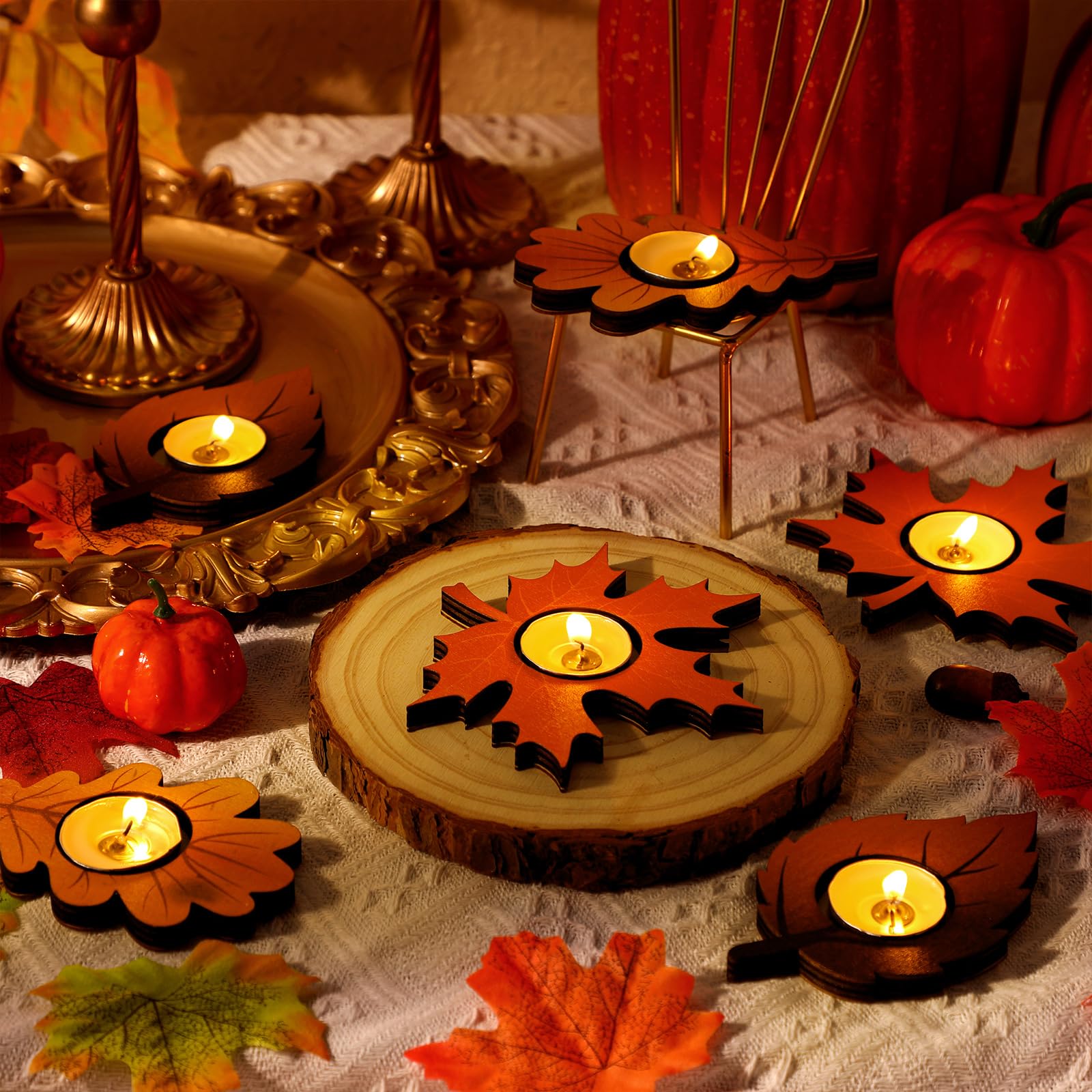 6 Pcs Fall Thanksgiving Candle Holders with 10 White Candles - Maple Leaf Harvest Table Centerpiece Decor, Tealight Holders for Home, Autumn Party, Mantel & Tabletop Decorations - Perfect for Thanksgiving Dinner, Fall Weddings & Cozy Home Ambiance