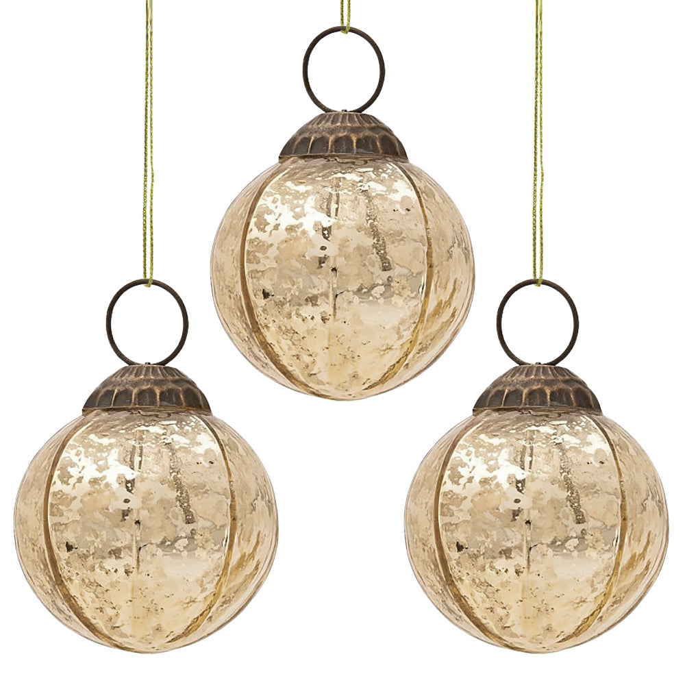 3-Pack Gold Penina Mercury Glass Round Faceted Christmas Ornaments - Elegant Holiday Tree Decorations for Home, Party & Festive Celebrations