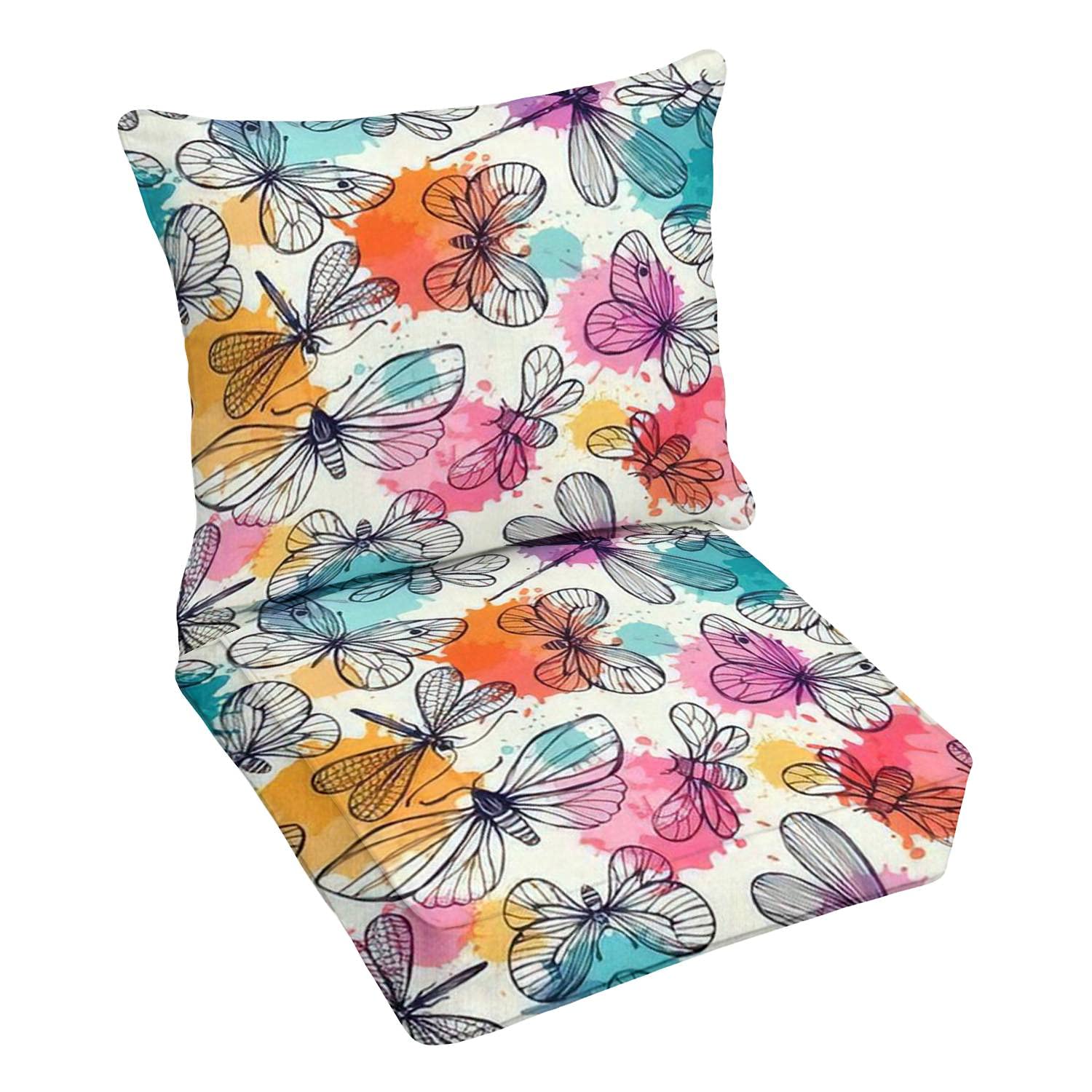Premium Outdoor Deep Seating Cushion Set - Butterfly & Dragonfly Hand-Painted Design - Waterproof Patio Furniture Replacement Cushions for Lounge Chairs - Perfect for Garden, Poolside & Backyard Relaxation