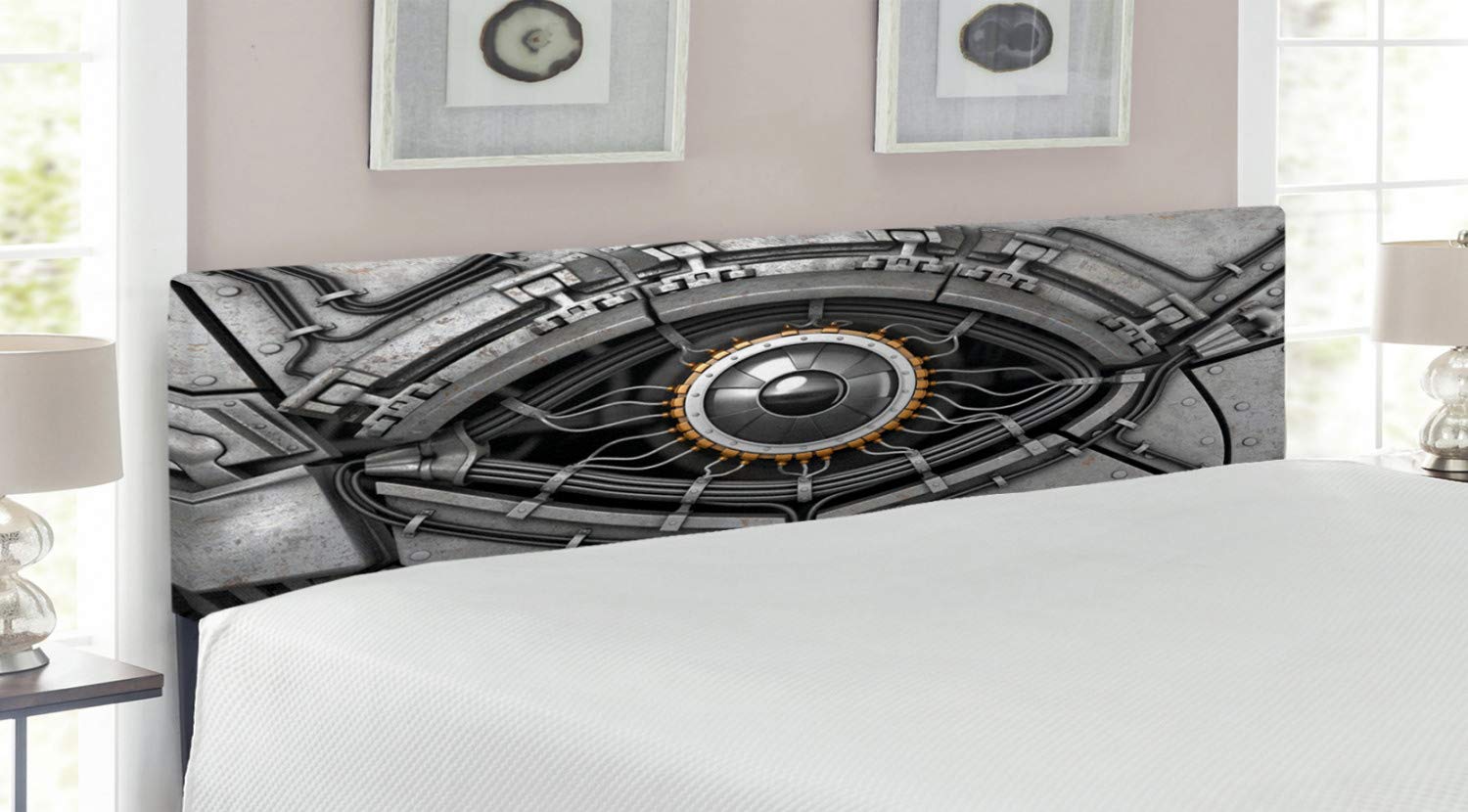 Ambesonne Futuristic Robot Eye Headboard with Wires - Cyborg Mechanical Industrial Design Upholstered King Size Bed Headboard with Memory Foam in Charcoal Grey - Perfect for Sci-Fi Themed Bedrooms & Modern Home Decor