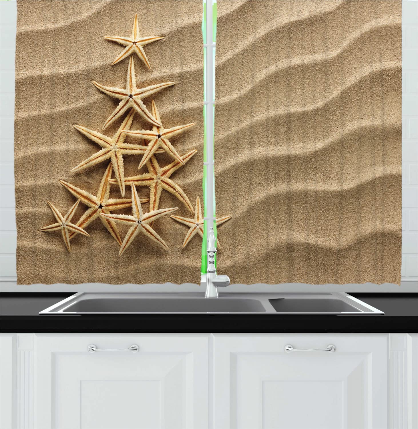 Ambesonne Starfish Long Kitchen Curtains - Coastal Beach Theme with Seashell Christmas Tree Design - 55