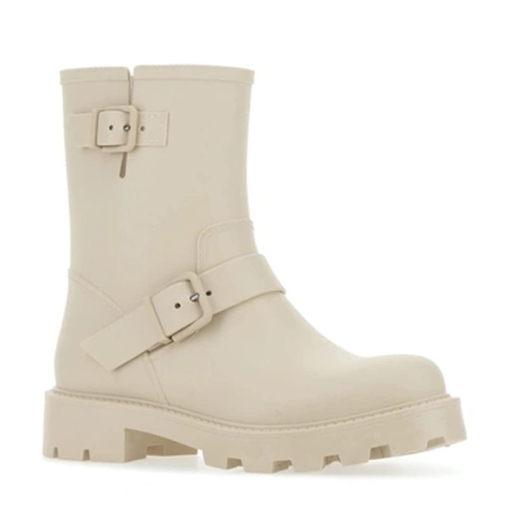 Women's Waterproof Rubber Rain Boots - Slip-On Chelsea Biker Boots with Buckle & Lug Sole | Mid-Calf Fashion Boots for Outdoor, Gardening & Rainy Day Wear
