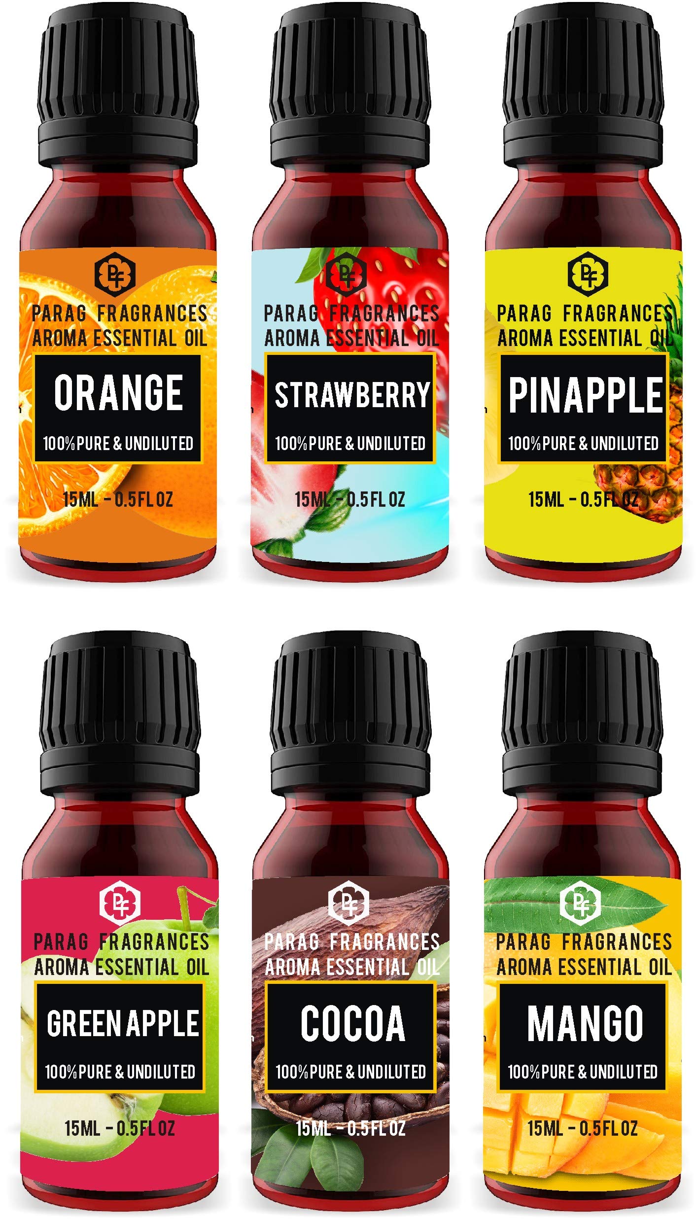Parag Fragrances 6-in-1 Fruit Essential Oils Set - Orange, Strawberry, Pineapple, Green Apple, Cocoa & Mango (15ml Each, 90ml Total) | Aromatherapy, Diffuser, Massage & Home Scenting