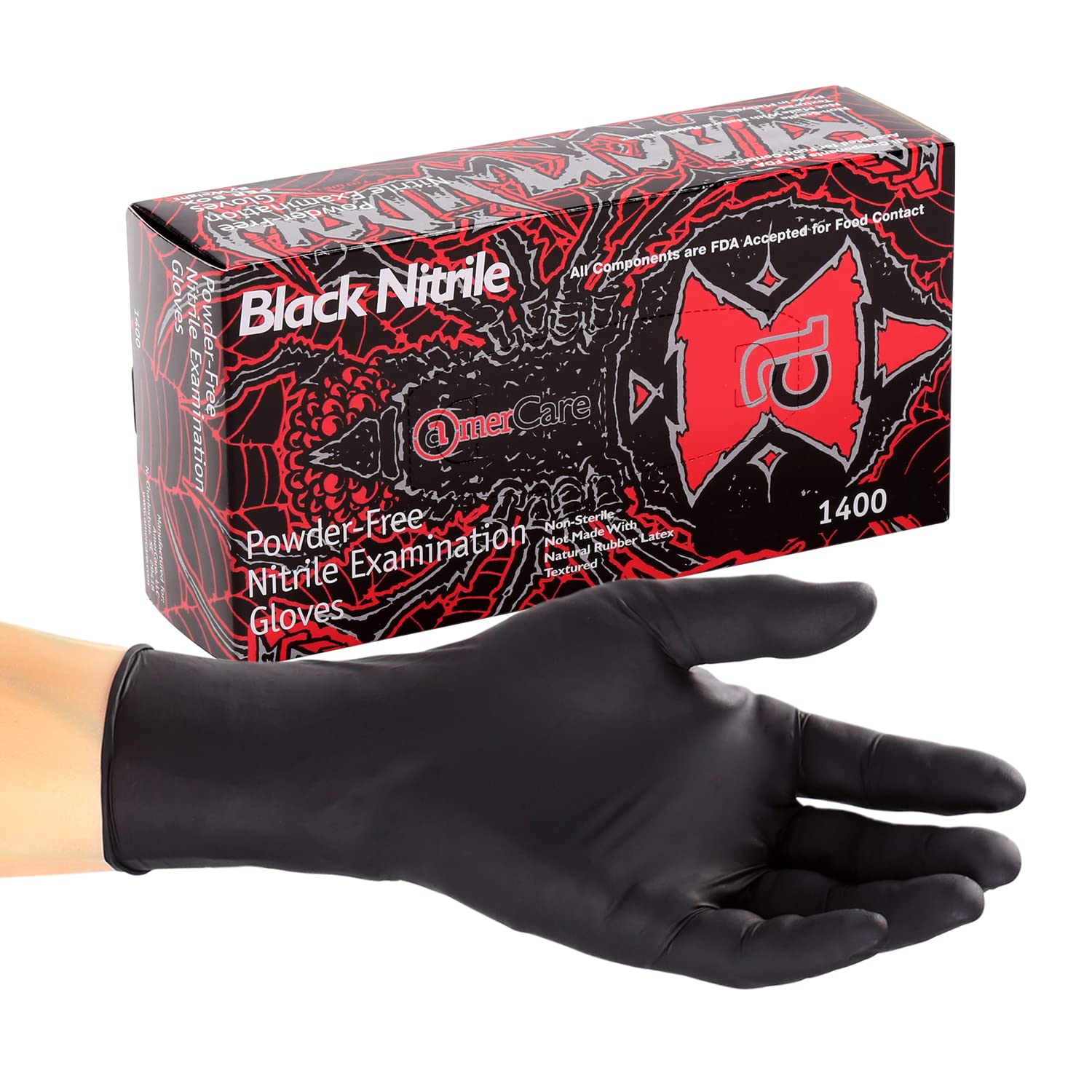AmerCareRoyal Black Widow Nitrile Latex Free Disposable Gloves - Powder-Free, Exam Grade with Textured Grip, Case of 1000 - Ideal for Medical, Dental, Tattoo & Food Handling Safety