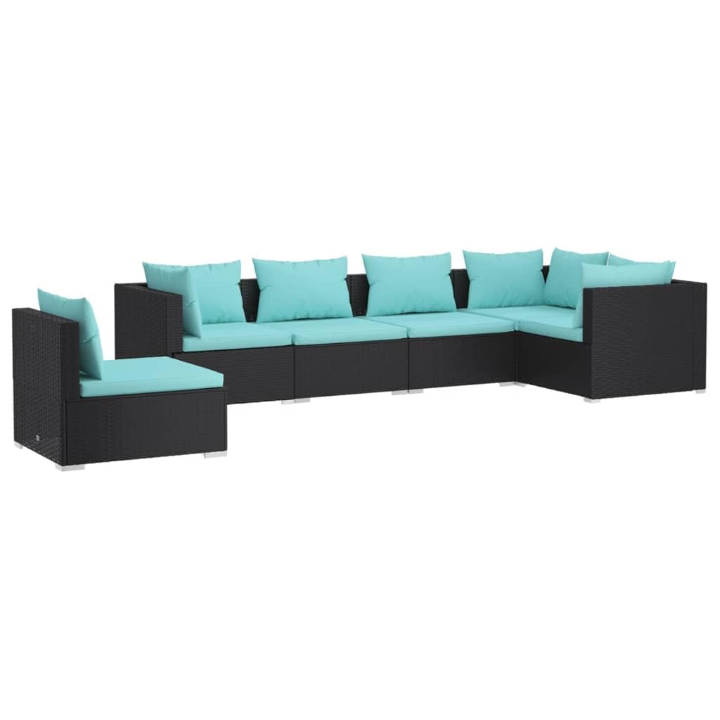 vidaXL 6-Piece Black Poly Rattan Patio Lounge Set with Water Blue Cushions - Modular Outdoor Furniture with Detachable Cushions & Adjustable Design for Garden, Poolside & Backyard Relaxation