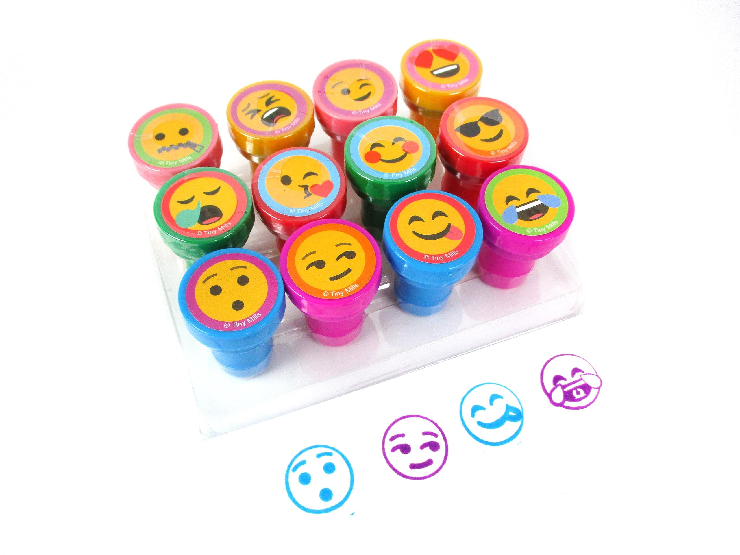 TINYMILLS 12-Piece Emoji Stamp Set for Kids - Self-Inking Stamps with 12 Fun Emoji Designs - Perfect for Birthday Party Favors, Classroom Rewards & DIY Craft Projects