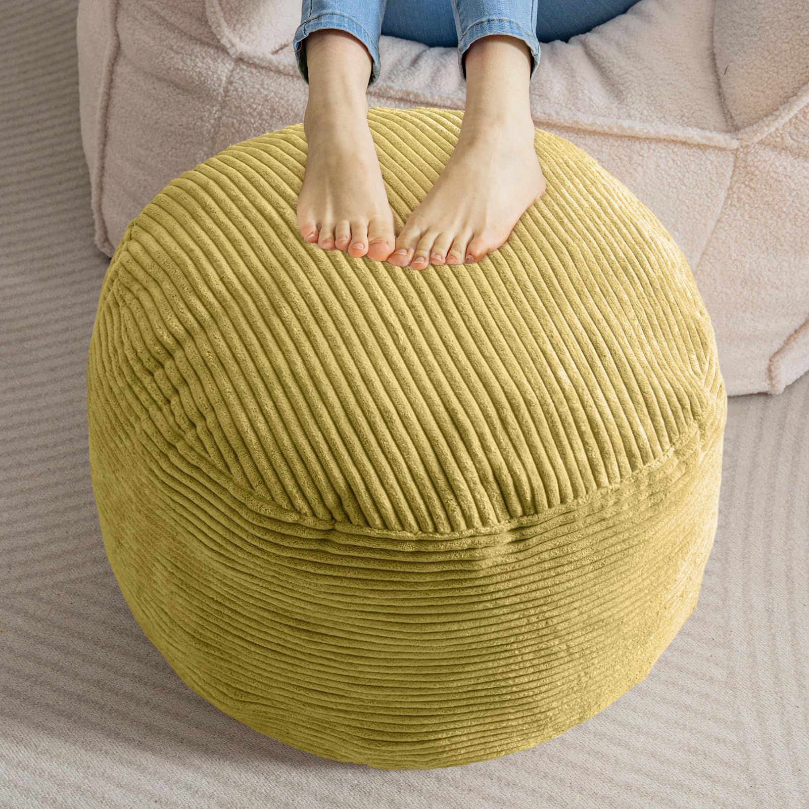 MAXYOYO Round Stuffed Pouf Ottoman - Corduroy Foam-Filled Footrest & Seating, 20 x 15 Inches, Green - Perfect for Living Room, Bedroom & Nursery Decor