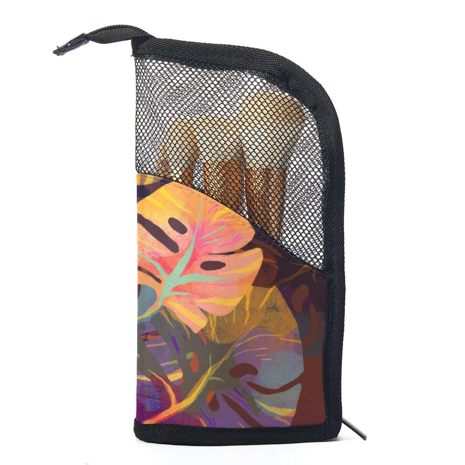 12-Piece Makeup Brush Organizer Bag with Tropical Watercolor Leaves Design - Portable Makeup Brush Holder Case for Travel & Home Storage