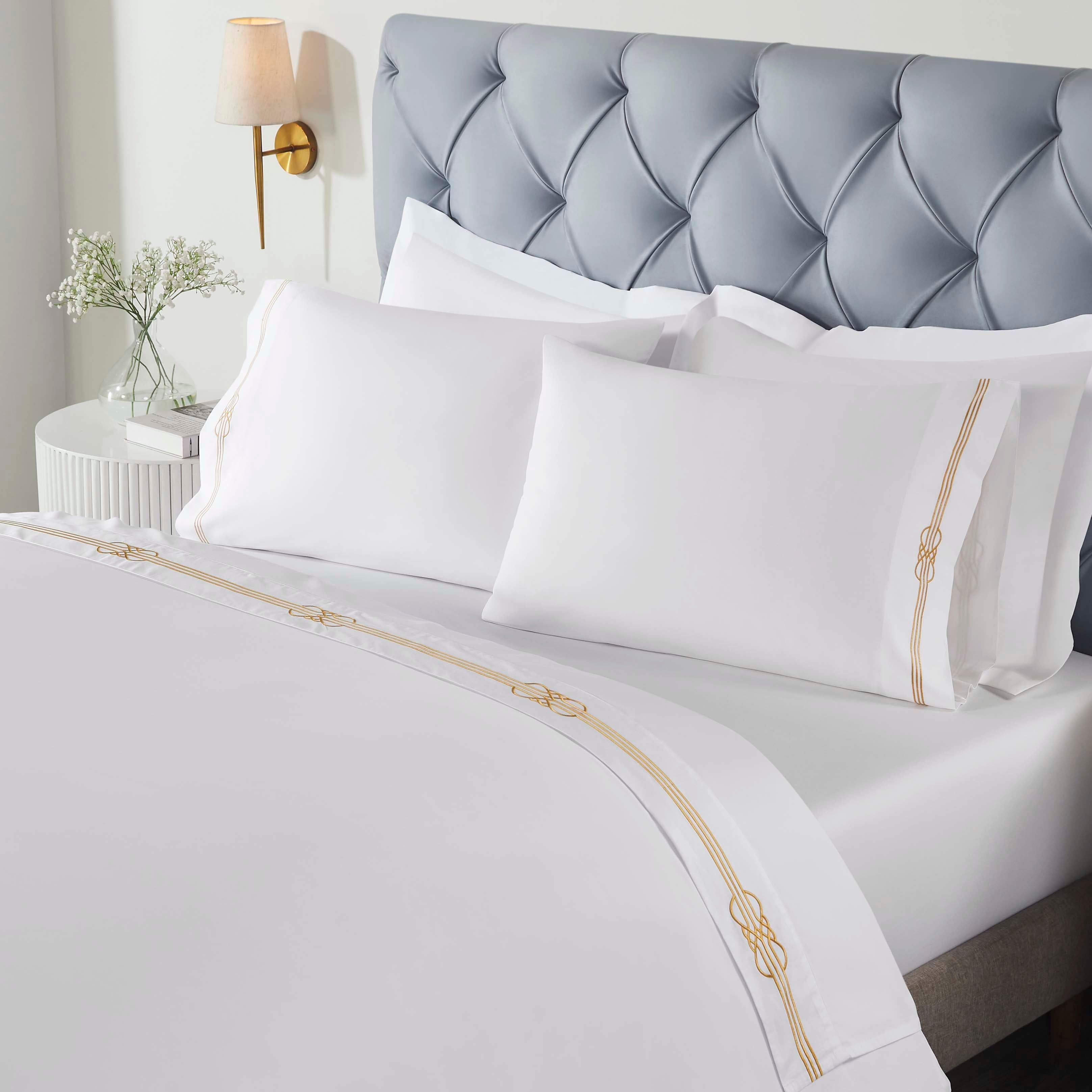 Premium Cotton Gold Embroidered Deep Pocket Bed Sheet Set - Queen Size 4-Piece Luxury Bedding for Master Bedroom & Guest Room Decor
