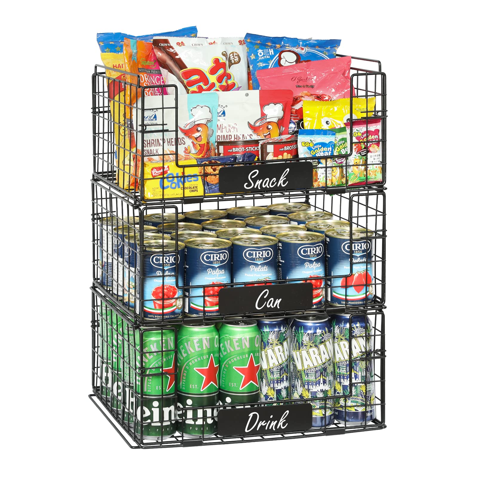 3 Pack Stackable Metal Wire Baskets with Handles - Pantry Organization Bins for Fruits, Vegetables & Snacks - Includes Name Plates - Perfect for Kitchen, Pantry & Refrigerator Storage