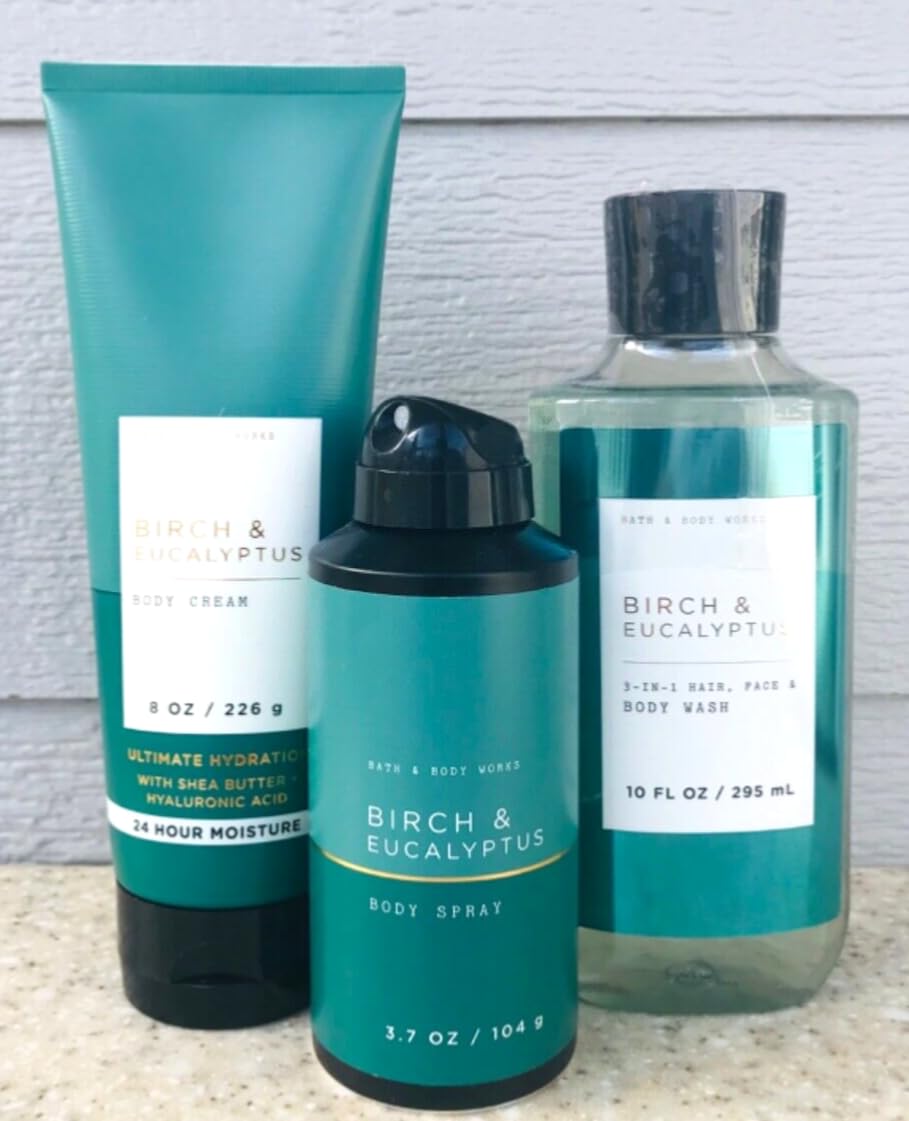 3-in-1 Men's Birch & Eucalyptus Hair, Face & Body Wash Set with Body Spray & Cream | Refreshing Shower Gel & Moisturizing Lotion for Men's Skincare Routine | Gym, Travel & Daily Use