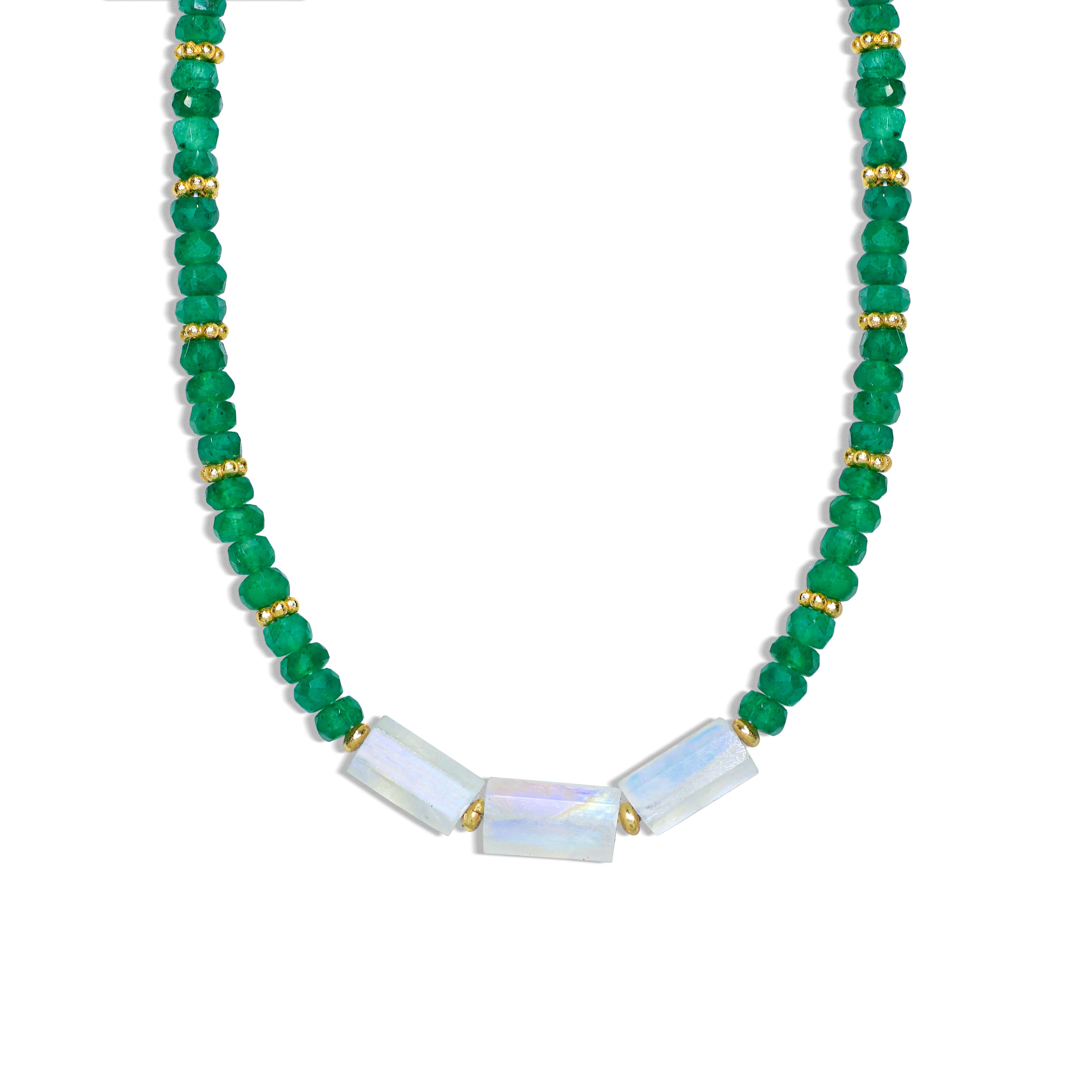 White Rainbow Moonstone Pencil Necklace with Emerald Beads - Elegant Gemstone Jewelry for Women, Perfect for Weddings, Parties & Everyday Wear