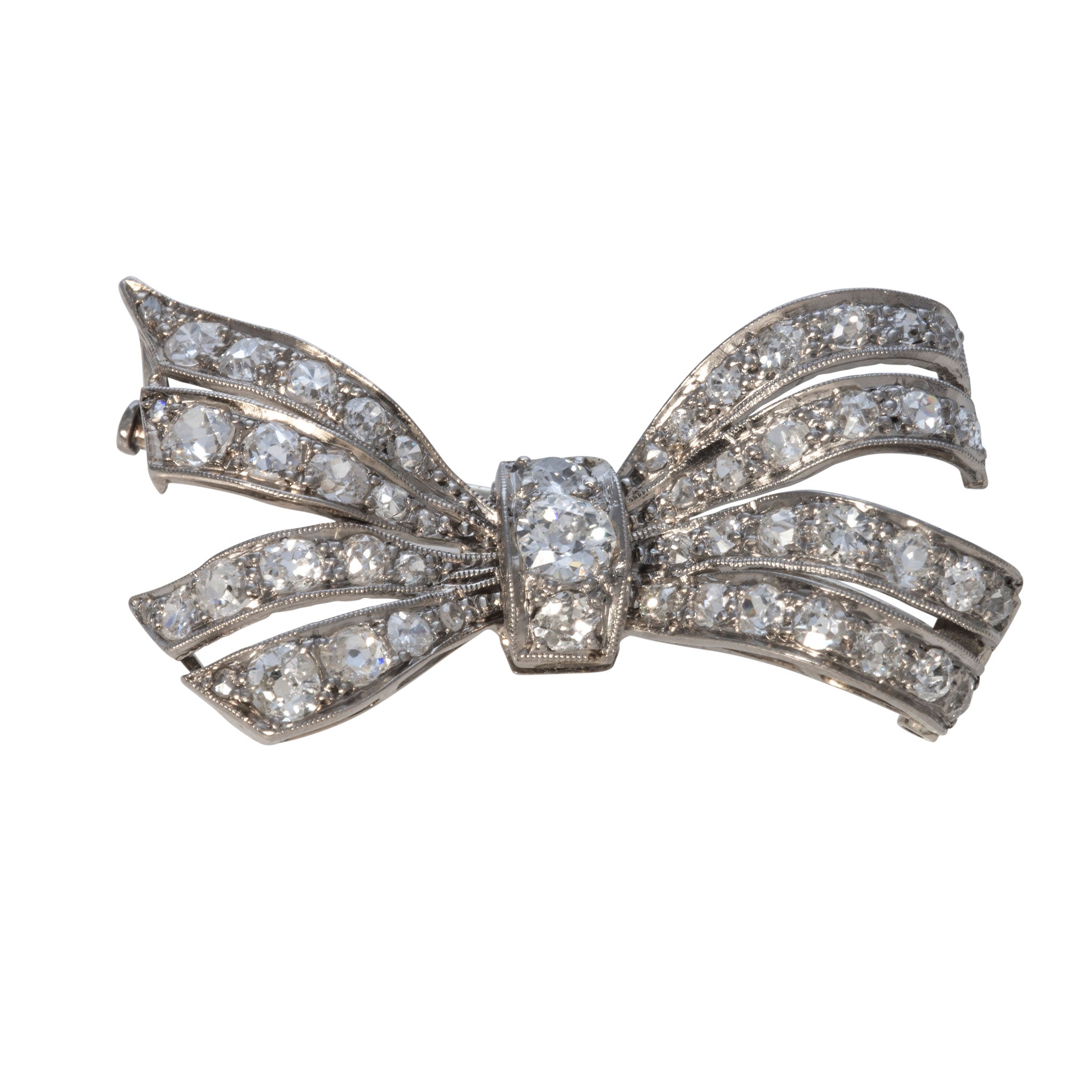 Vintage Art Deco Old Mine Diamond 14K Gold Bow Brooch Pin - Elegant Antique Jewelry for Weddings, Parties & Special Occasions