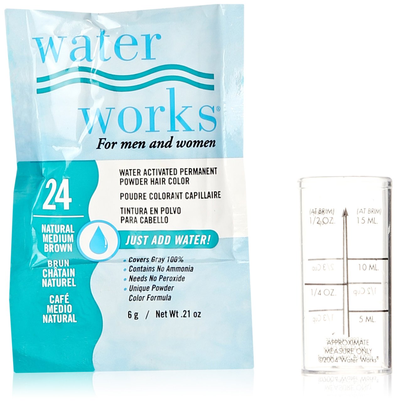 Waterworks Permanent Powder Hair Color #24 Natural Medium Brown - Long-Lasting, Easy Application for Home or Salon Use