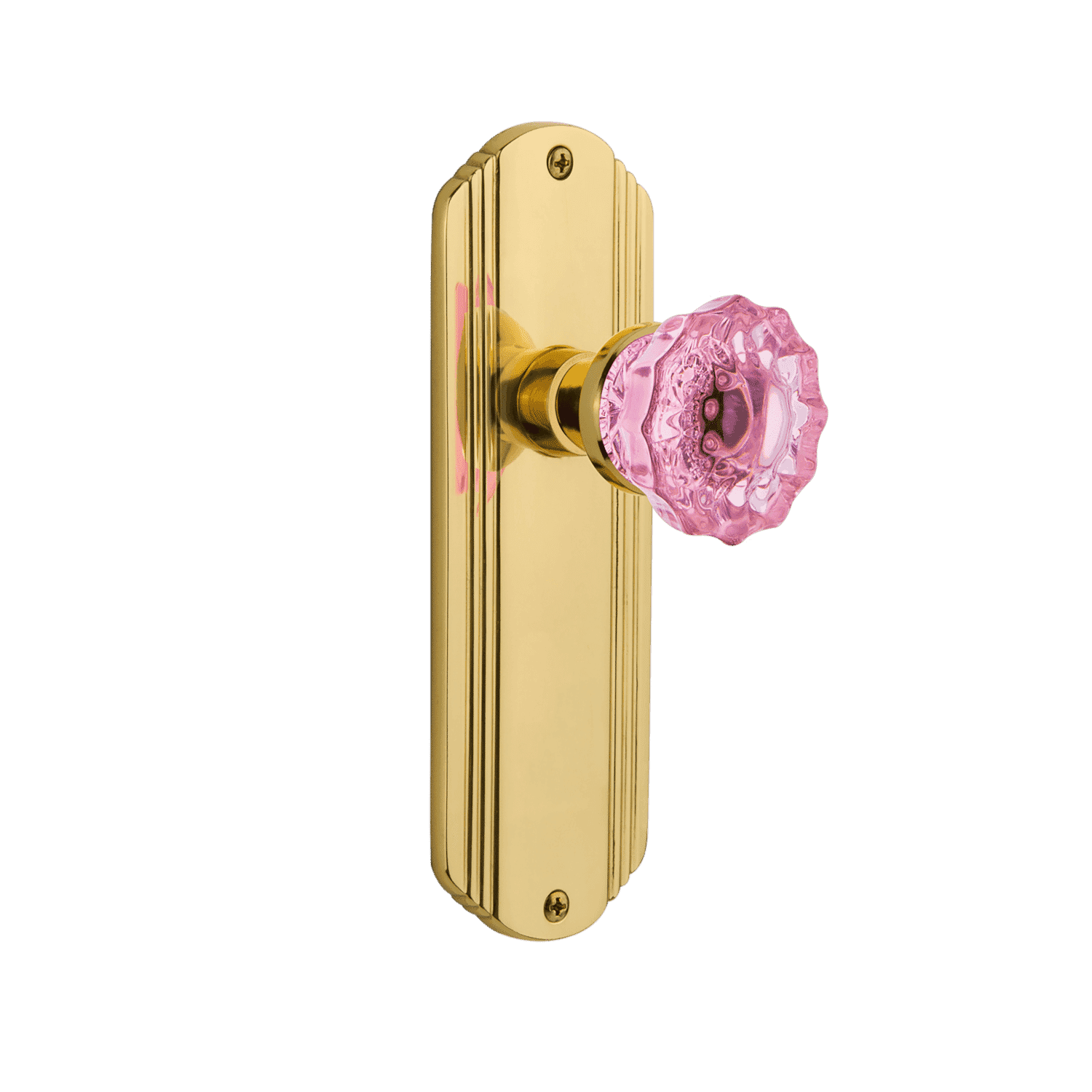 Vintage Deco Long Plate with Pink Crystal Knob - Unlacquered Brass Cabinet Pull - Elegant Drawer Handle for Dresser, Vanity & Kitchen Cabinets