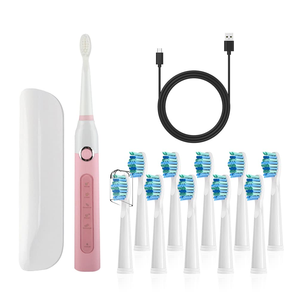 FamiHealth Rechargeable Electric Toothbrush for Adults - Sonic Toothbrush with 5 Cleaning Modes & 10 Replacement Heads (Pink) - Perfect for Travel, Home Use & Gift Giving