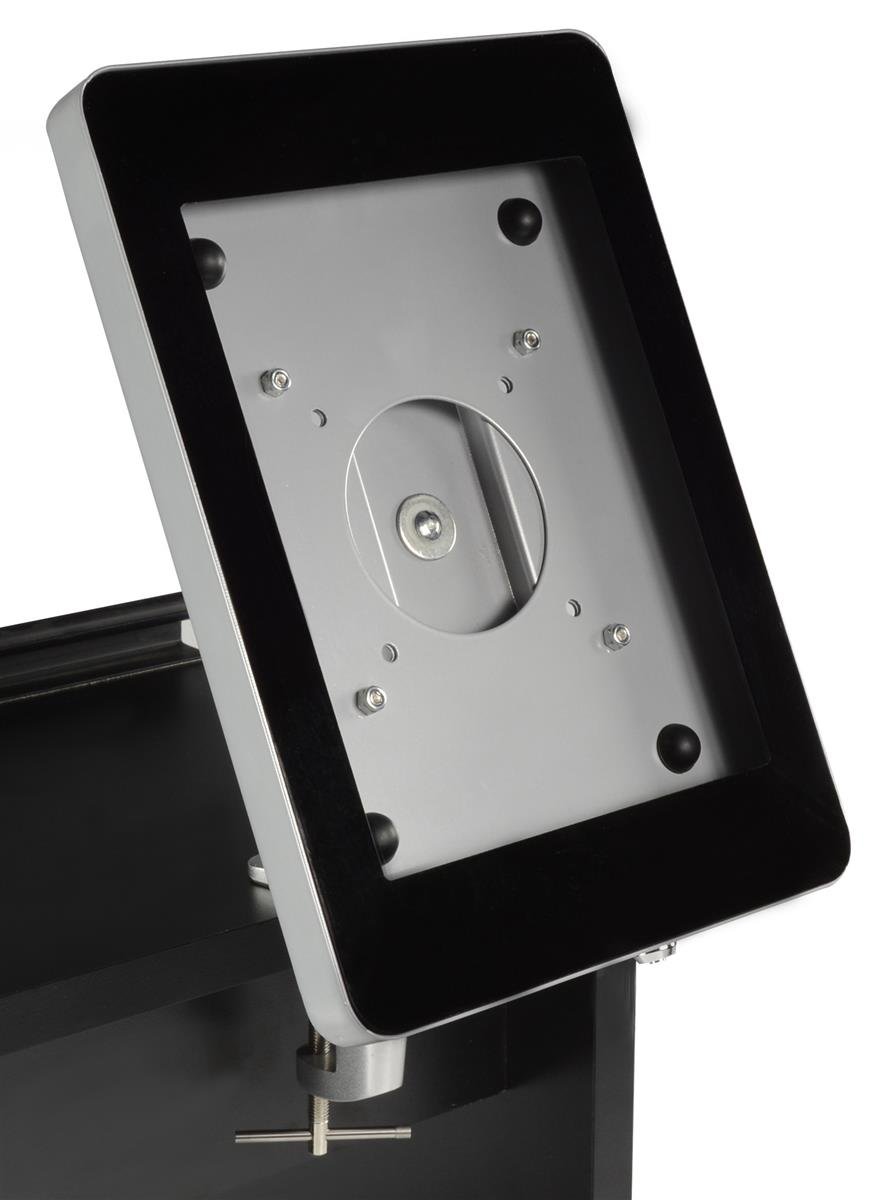 iPad Desk Counter Clamp Mount Holder - Compatible with iPad 2/3/4 & Air - 360° Rotation & Adjustable Tilt - Secure Locking Enclosure - Silver Steel - Perfect for Retail, Restaurant & Office Use
