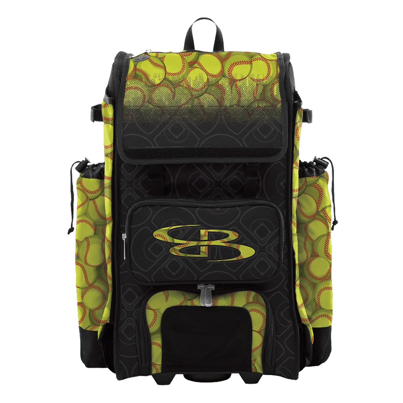 Boombah Hybrid Rolling Catchers Bat Bag - Softball Equipment for Baseball & Fastpitch (Black/Optic Yellow/Red) - Wheeled & Backpack Design - Perfect for Travel, Games & Practice