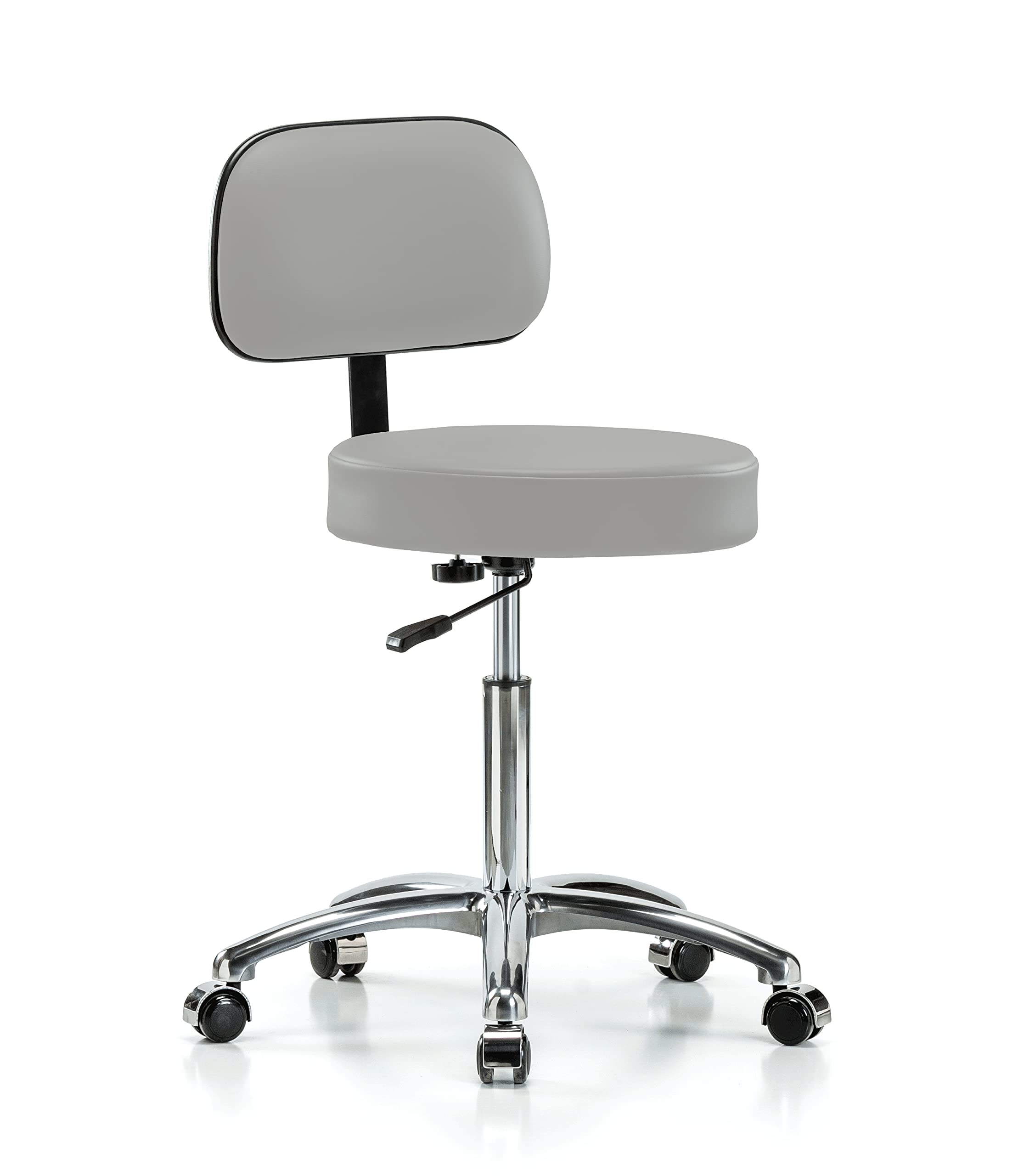 Perch Chrome Walter Adjustable Rolling Stool with Back Support – 300 lb Capacity for Workbench, Exam, or Lab Use – Gray Vinyl for Carpet & Linoleum Floors