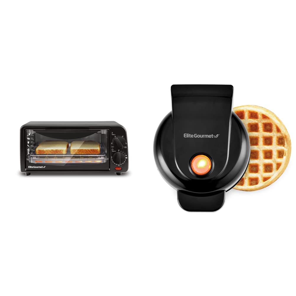Elite Gourmet ETO236 2-Slice Toaster Oven with Baking Pan & Wire Rack + EWM013B Mini Waffle Maker for Belgian Waffles, Compact Nonstick Electric Snack Maker, Black - Perfect for Small Kitchens, Dorms, Offices & Quick Breakfasts