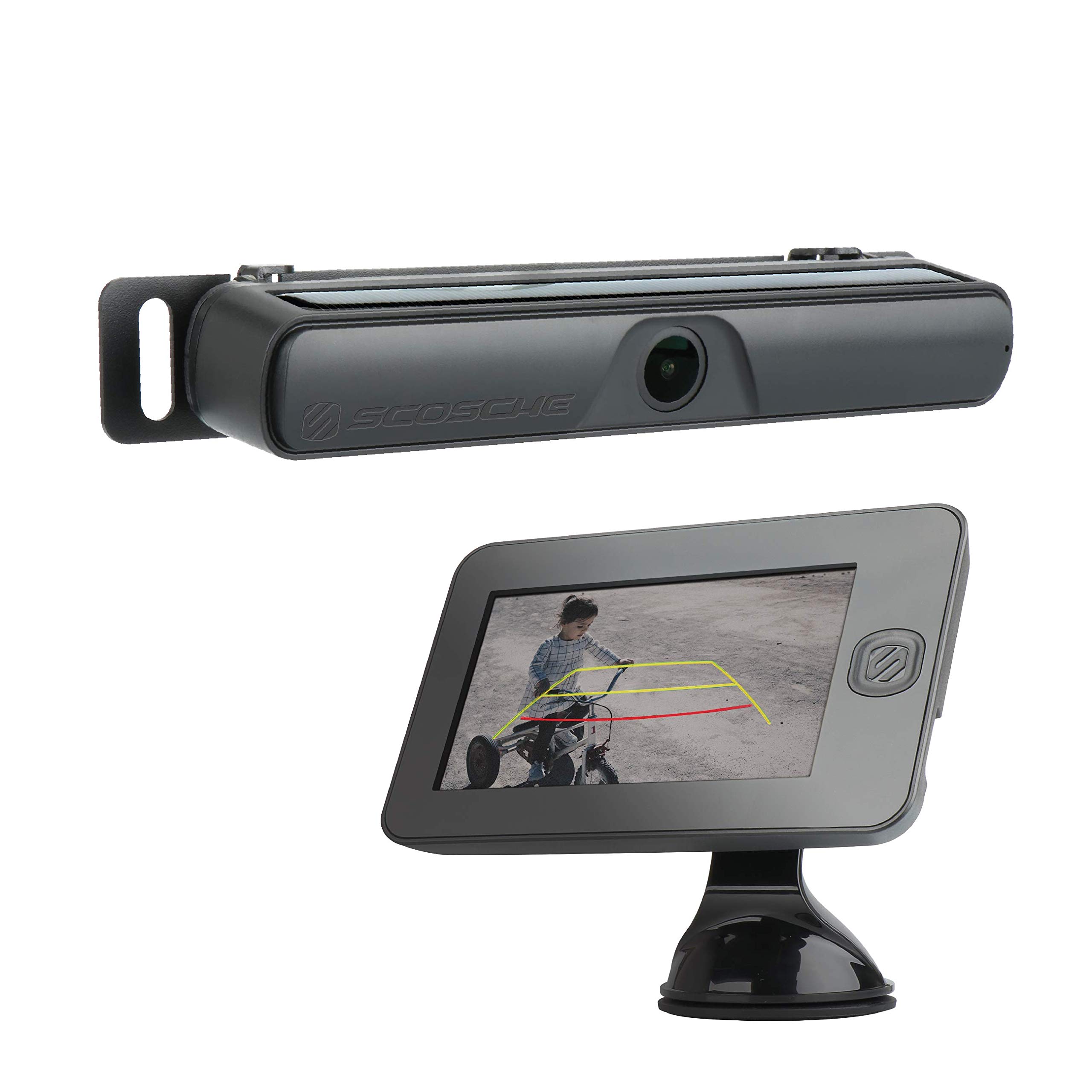 SCOSCHE WBUSSPF43 Wireless Solar Backup Camera System - 4.3” Color Dash Monitor & License Plate Frame for Cars, Trucks, SUVs | Easy Parking & Reversing Safety Solution