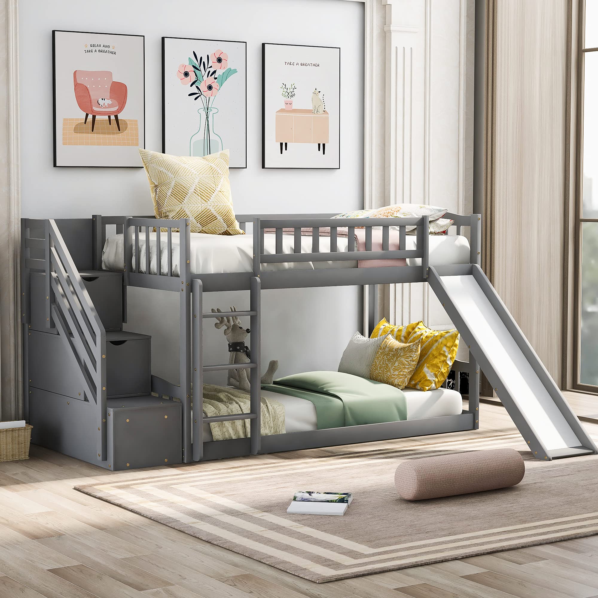 Rhomtree Twin Over Twin Bunk Bed with Slide - Convertible Kids Loft Bed Frame with Ladder, Full-Length Guardrails & 2 Storage Drawers - No Box Spring Needed (Gray) - Perfect for Small Bedrooms, Playrooms & Sleepovers