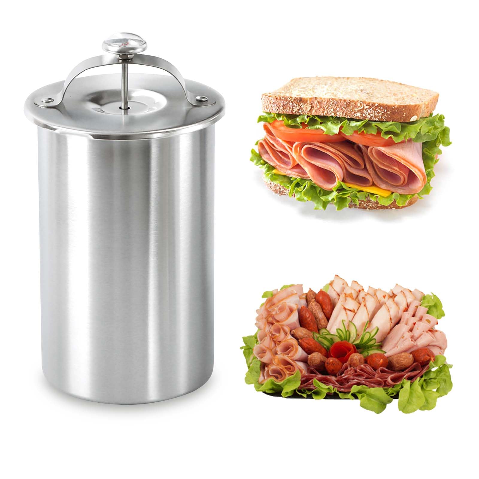 Stainless Steel Ham Press Maker with Thermometer - Deli Meat Press Mold for Homemade Lunch Meat, Sausage & Bacon - Perfect for Kitchen, BBQ, Camping & Meal Prep