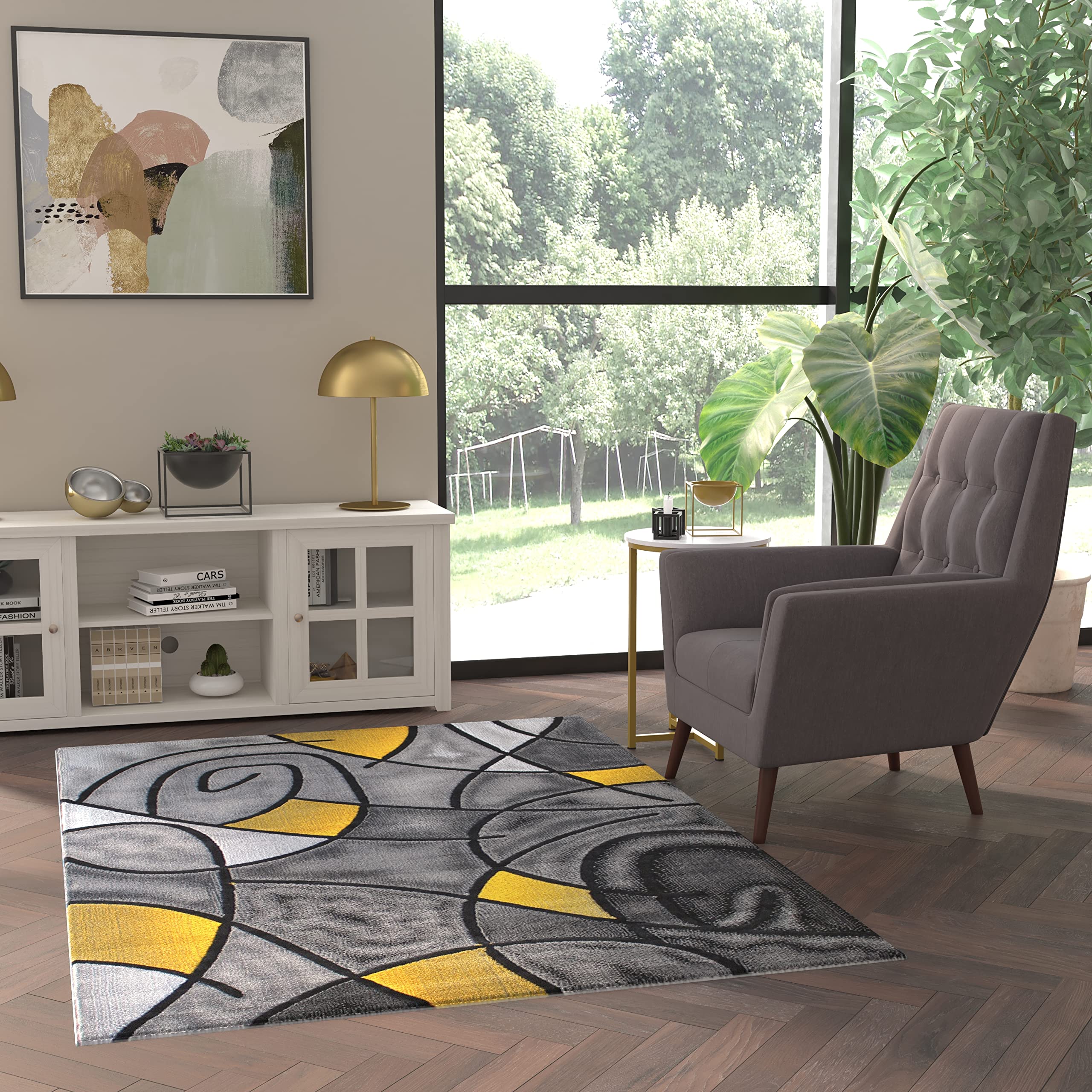 EMMA + OLIVER Urbane Plush Olefin Accent Rug - 5x7 Abstract Geometric Design with Gray Gradient & Yellow Accents - Stain & Moisture Resistant - Perfect for Living Room, Bedroom or Office Decor