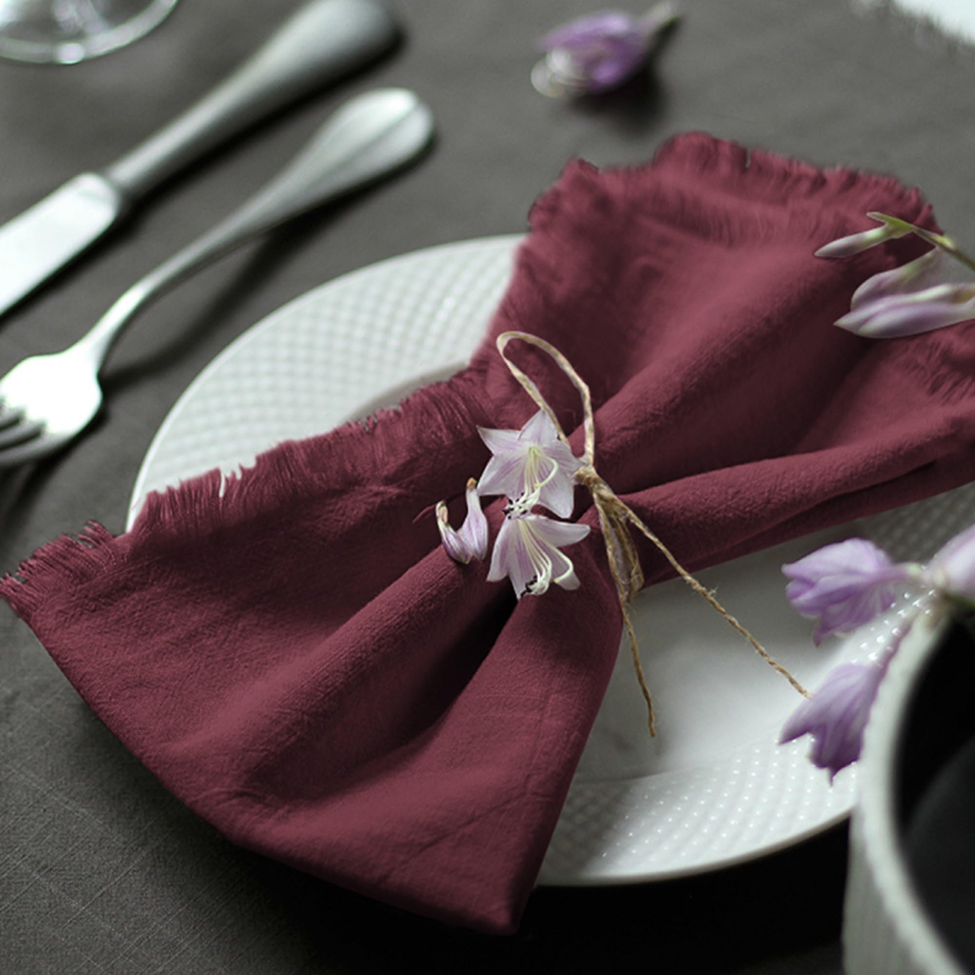 Handmade 100% Cotton Fringed Napkins - Set of 6 (18x18 Inch) Burgundy Dinner Napkins for Elegant Dining, Parties, Weddings & Home Decor - Premium Quality Fabric Table Linens
